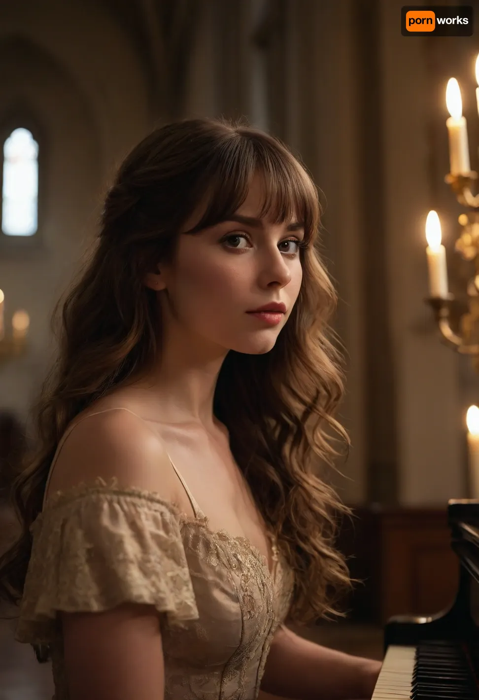 (Capture an evocative scene of a classical concert held in the historic St. Anne's Church, Vienna, during the 18th century. The atmosphere is rich with the grandeur and elegance of the Baroque era.), , (The main subject is a captivating pianist, deeply engrossed in her performance. She is in their mid-30s, with an air of dedication and passion:1.4), (Their long, voluminous hair with soft layers in a loose wavy texture, reminiscent of the period, frames their face. The hair features a blend of rich dark auburn tones with subtle blonde highlights, creating a soft, dimensional look. The bangs are a straight full fringe that slightly curves to frame the face and blend seamlessly with the rest of the hairstyle.:1.3), (The eye makeup is subtle yet striking, with a delicate winged eyeliner that elongates the eyes. Long, voluminous lashes enhance the eye makeup, possibly with the use of mascara.), (Their lips are softly accentuated with a natural rose tint, complementing the overall makeup look.), (The musician's hair catches the candlelight in a luminous halo:1.2), (They wear period-appropriate attire, a silk gown in deep crimson draped to accentuate their form.), (Soft, diffused candlelight filters through the church's stained glass windows, casting gentle shadows that highlight the fine textures of their skin and the intricate details of their hair.), (The image is captured with a classic large-format camera, renowned for its ability to render every exquisite detail—the fine lines of their attire's silk fabric, the natural contours of their face, and the nuanced play of light and shadow on their skin.), (The lens creates a beautiful bokeh that softly blurs the background, drawing attention to their expressive eyes sparkling with emotion, their defined cheekbones flushed with the intensity of their performance), (The grandeur of St. Anne's Church, with its ornate Baroque architecture, lush gold leaf details, and majestic organ, serves as a breathtaking backdrop, enhancing the timeless elegance of the scene.), ZipRealism, <lora:sunnyrayyxo_v1_SDXLBase:.6>