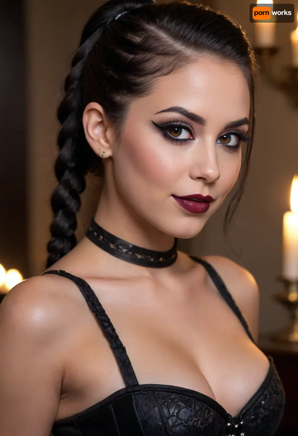 20 year old black haired goth woman side eyeing camera, looking over her shoulder, seductive, back to camera, smiling, mouth wide open, prominent cupids bow lips, (eyeliner, winged eyeliner, dark eyeshadow), makeup, corset, hair in a high tight braided ponytail, (candlelight)