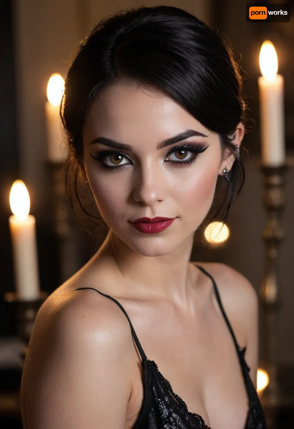 20 year old black haired goth woman side eyeing camera, looking over her shoulder, seductive, back to camera, smiling, mouth open, prominent cupids bow lips, (eyeliner, winged eyeliner, dark eyeshadow), makeup, nude, (candlelight)