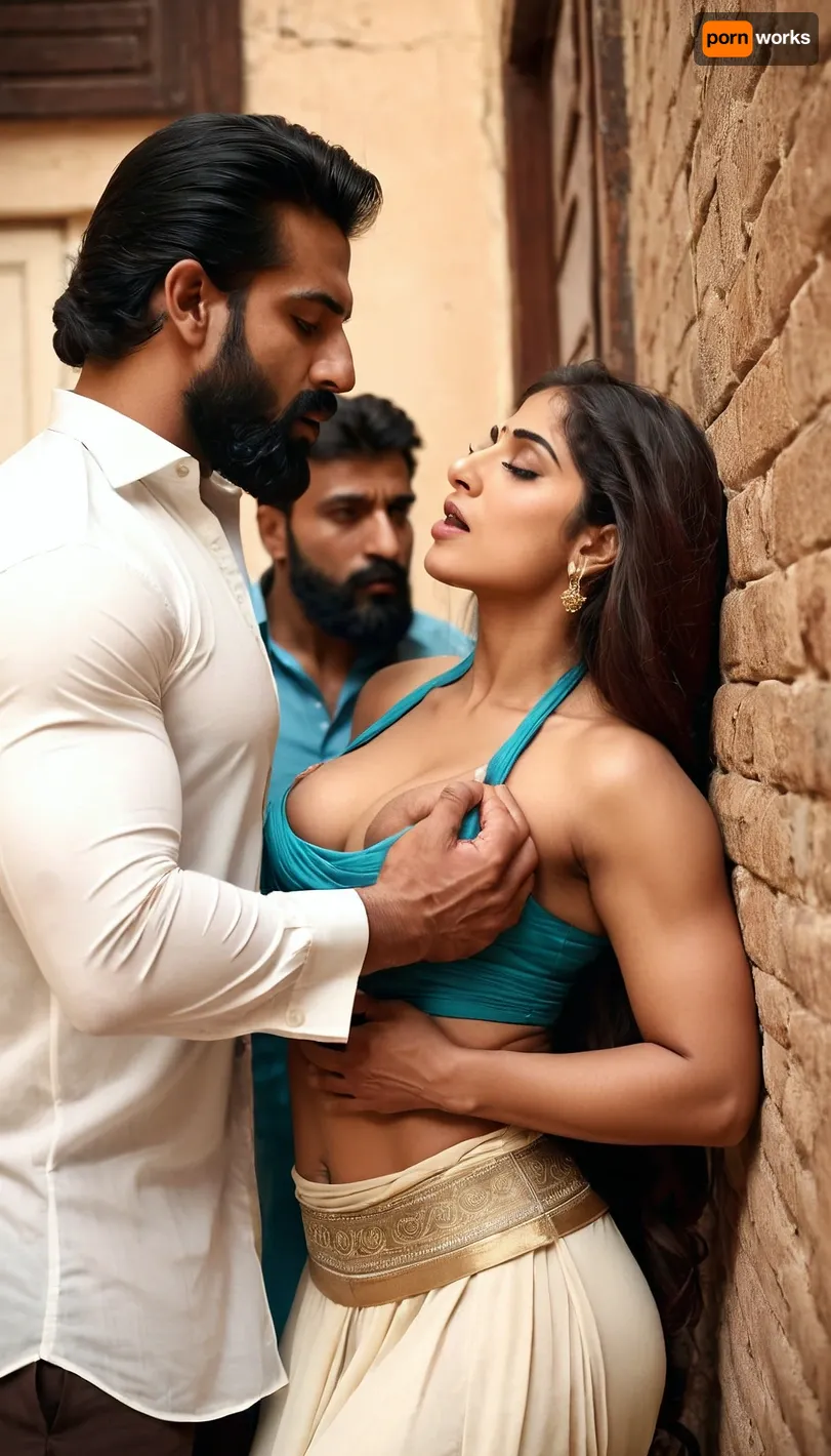 A beautiful girl being pushed against the wall by a two tall Bearded Handsome Muslim men named 'Afzal Khan' and 'Javed Pathan', Muslim man's hands are tightly wrapped around her throat, Pakistani Muslim bodybuilder Hunks kissing her passionately and grabbing her boobs, Girl enjoying the rough sex, photorealism
