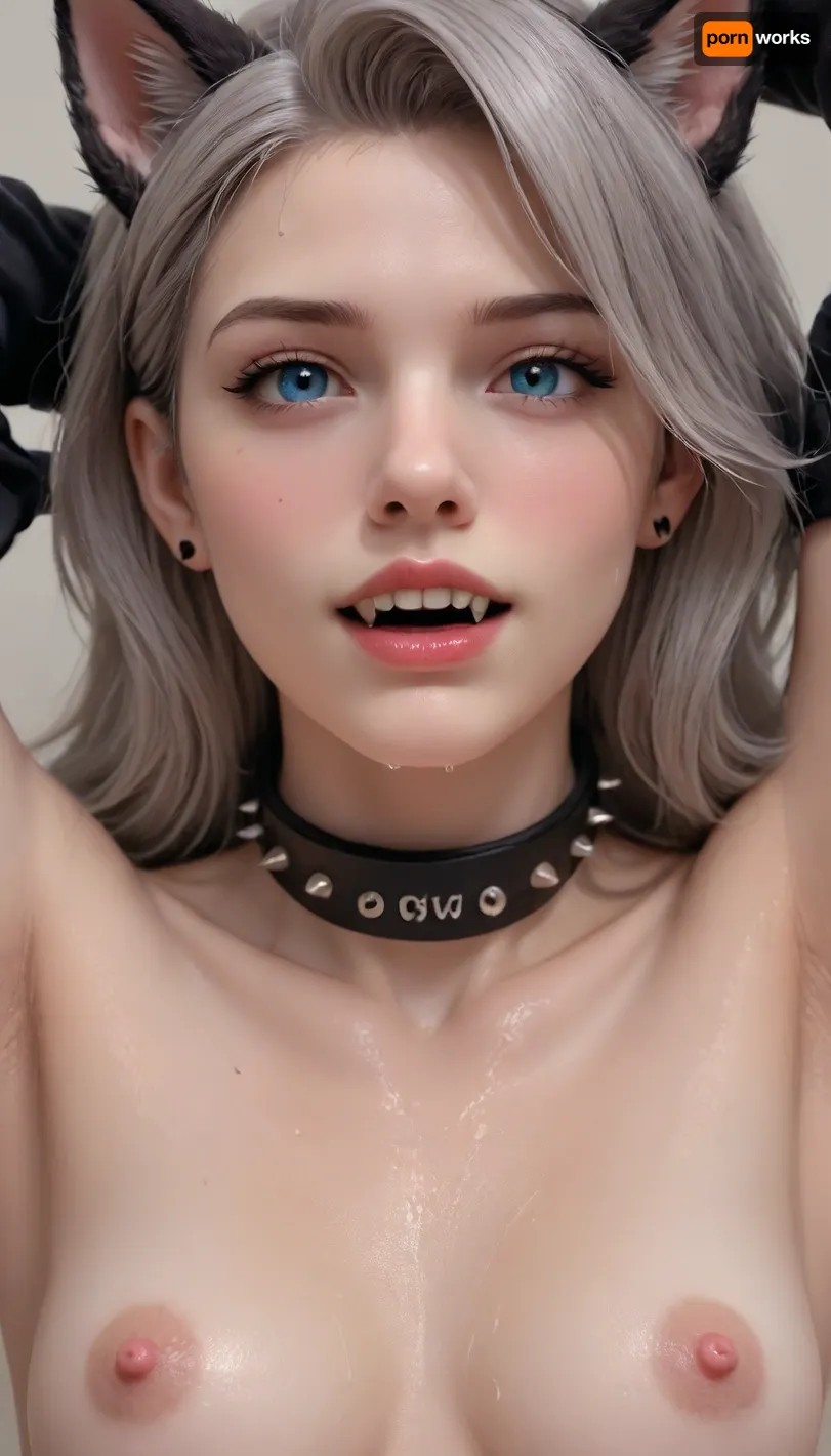 standing, looking at viewer, digital artwork, masterpiece, Loona, Hellhound, realistic, wet, fur, fangs, collar, black, sleeves, mouth, open, armpit, close, up, hellhound, male, <lora:267360_training_data:.5>, <lora:LoonaRealisticV2:.5>