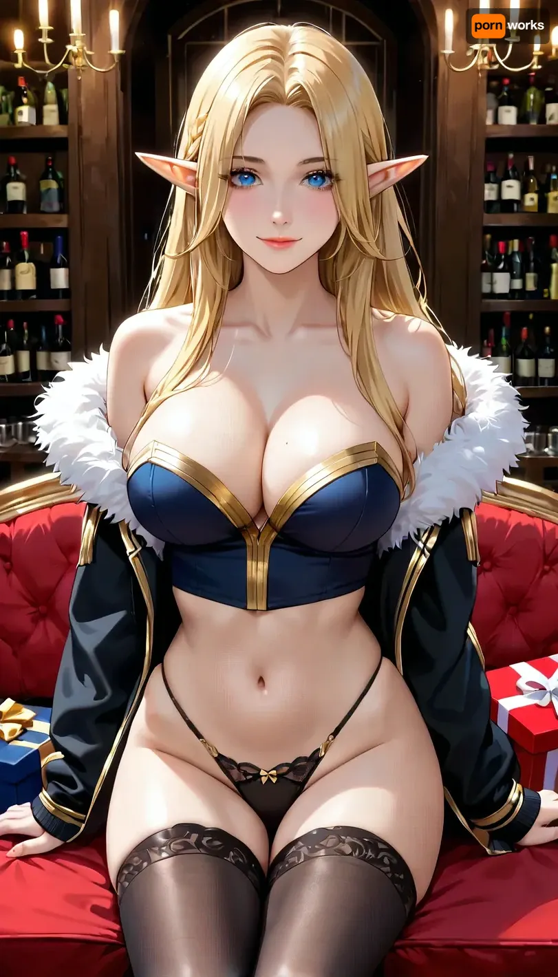 cleavage, long hair, looking at viewer, sitting, smile, solo, bare shoulders, pointy ears, thighhighs, black thighhighs, blue eyes, large breasts, underwear, jacket, panties, blonde hair, navel, detached sleeves, black panties, thighs, cup, parted bangs, box, drinking glass, off shoulder, gift, fur trim, wine glass, gold trim, black jacket, alcohol, gift box, wine, fur-trimmed jacket, Alpha, (kage, no, jitsuryokusha, ni, naritakute!\), 1girl, blonde, hair, blue, eyes, large, breasts, very, long, elf, pointy, ears, black, bodysuit, <lora:SDXL_Alpha:2>
