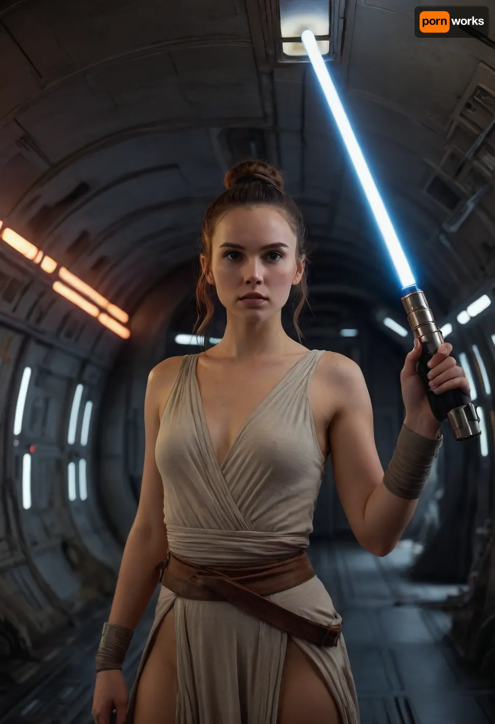 woman, long flowing brown hair, beautiful original female star wars Rey, on space ship, nude, holding light saber, hair in bun, Sony α7R IV, FE 35mm f/1 .4 GM