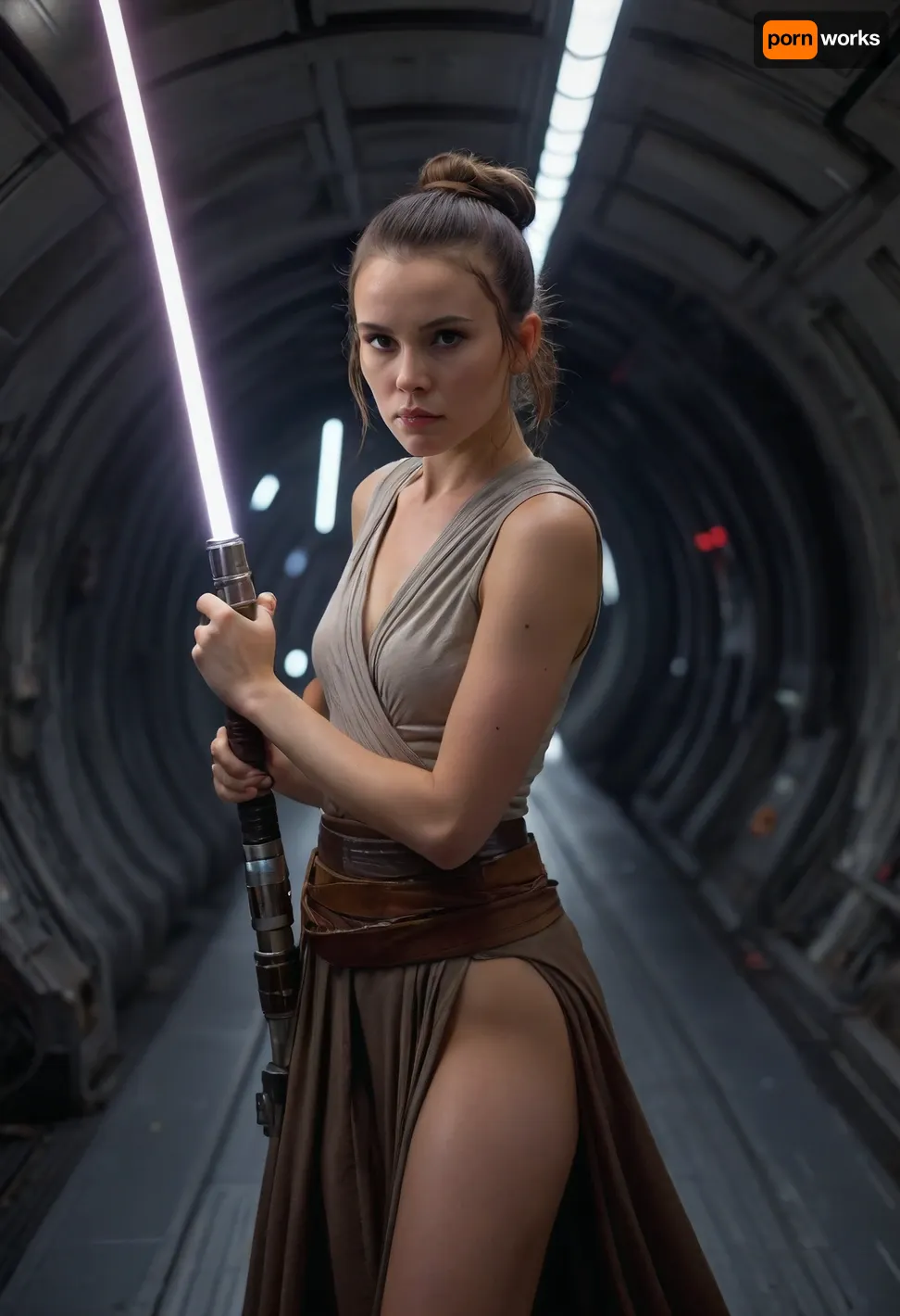 woman, long flowing brown hair, beautiful original female Star Wars Rey, on space ship, thong, hair in bun, holding long light saber, Sony α7R IV, FE 35mm f/1 .4 GM