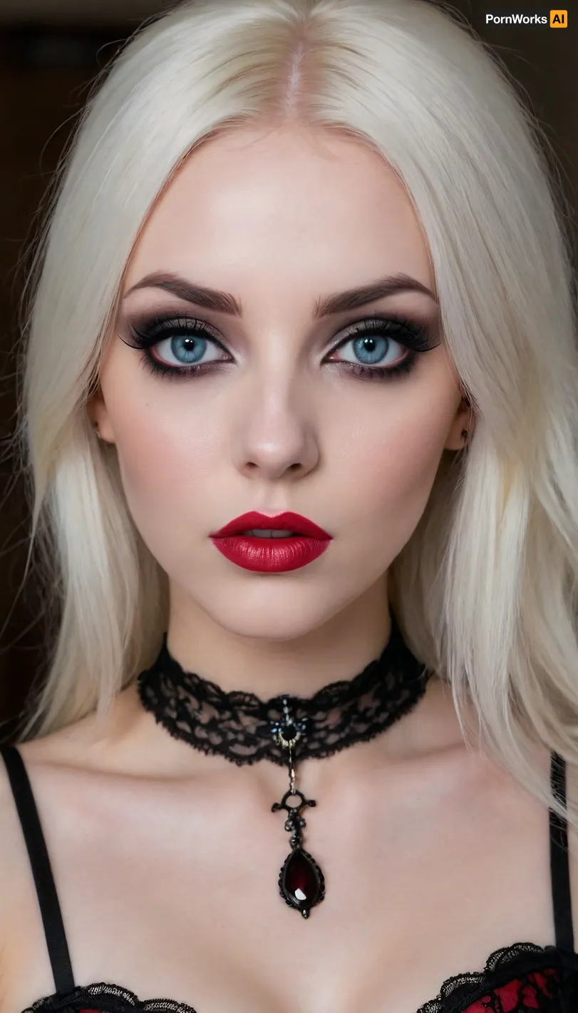(An enrapturing portrait of a stunningly beautiful goth girl:1.4), (focus on eyes, intense expression, unnerving, eerie, inescapable eye contact, demanding presence:1.5), (long, straight white hair cascading over her shoulders, contrasting with her dark makeup), (soulless pale blue eyes, pale creamy porcelain skin, creamy skin texture, chiselled cheekbones, strong jawline, defined jawline, elegant neck, subtle vellus hairs), (goth makeup, smoky eye shadow, heavy mascara, winged eyeliner, long eyelashes, immaculate eyebrows, blood red lipstick, wet lip look, glistening lips), (predatory smirk, leering at viewer with contempt), (wearing a black lace corset, black choker with a blood red ruby), ZipRealism