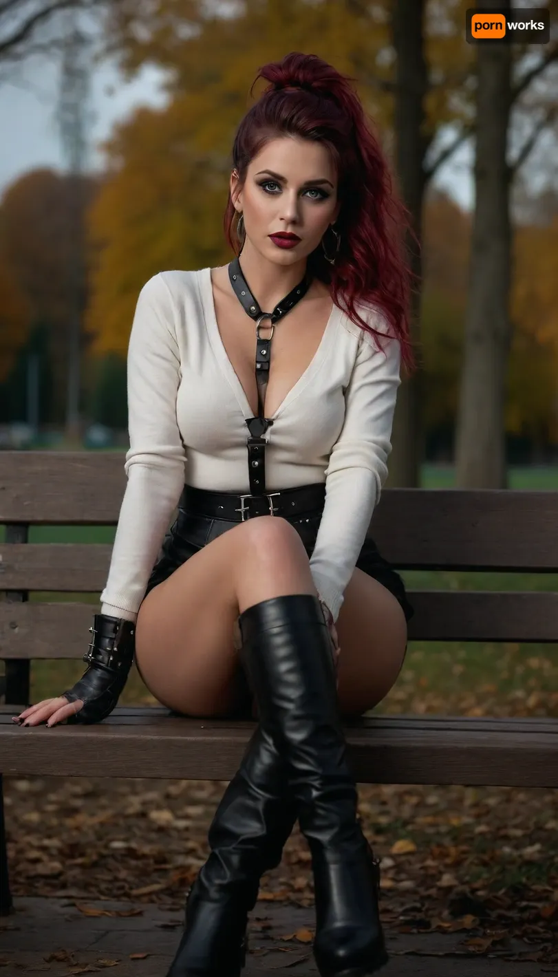 Voyeuristic view, promiscuous alternative woman in sexy, (white sweater), black jeans, (black leather harness with metal spikes and clasps punk millitary army gothic long man's boots above the thigh, on a massive steel wedge), sitting on a bench in an evening fall park, her alternative image attracts attention and turns heads in this fall park, (Realistic woman), 33 years old, long disheveled dark btown hair in a bun, sexy beautiful realistic face, nose piercings, (perfect green eyes), realistic big eyes, green eye shadow, black mascara dripping from eyes, sexy lips, (burgundy lipstick), sexy seductive look, sexy body, small sized boobs, natural breasts, perfect hands, white nail polish, bringing fingers to lips, perfect realistic skin, park bench, dim light, high quality, realistic Photo, action shot, scruffy, red, hair, piercing, earrings, perfect, realistic, big, green, eyeshadow, mascara, sexy, lips, lipstick, beautiful, body, natural, boobs, hands, skin, country, autumn park, light, Coat, Boots, Black