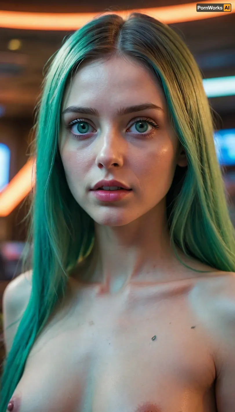 Something like e no Man's sky, shiny extraterrestrial 20y girl, green long hairs, naked, Blue eyes, starship interier