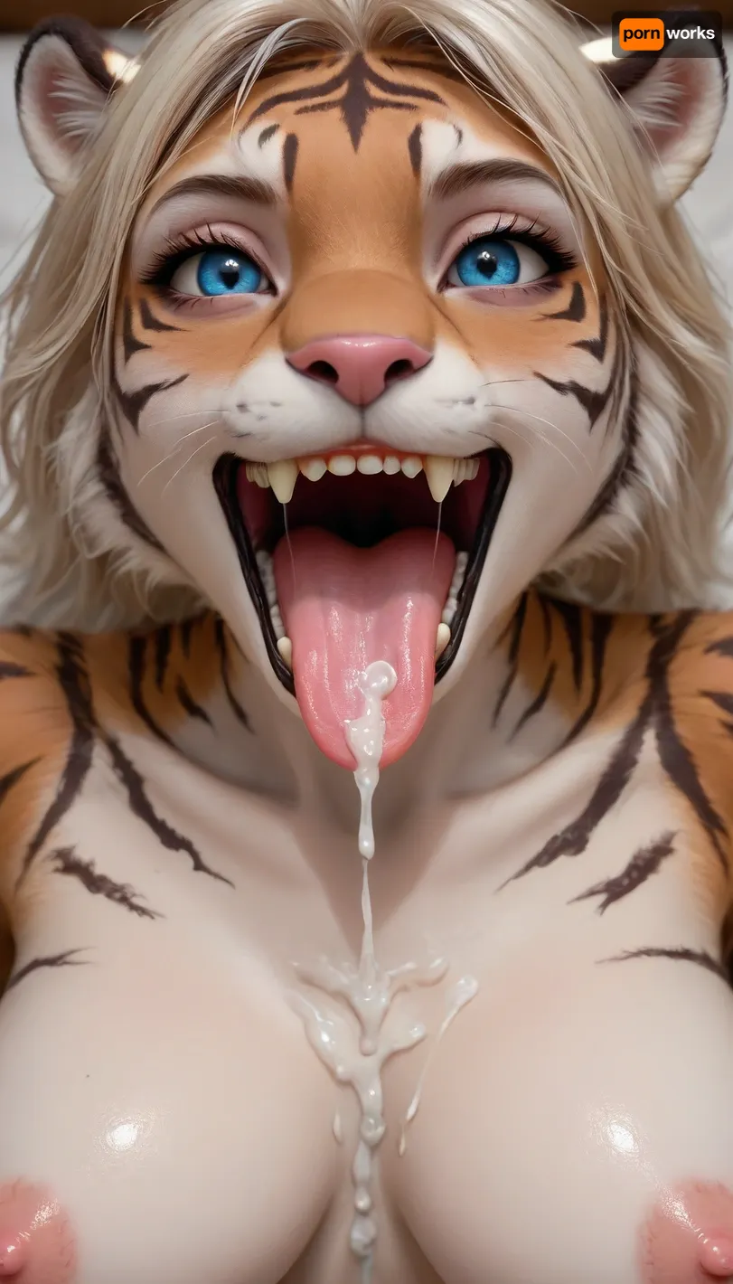 view from above, in bedroom, dlss, RTX, 1female, ((anthro tiger, anthro female tiger)), sharp teeth, furry, stripes, huge cum load mouth, bright tiger stripes, spread her legs wide, mouth open, more cum mouth, tongue around licks the cum, ruined, makeup, red lipstick, big tits, shaved pussy, asshole spread wide, <lora:189654_training_data:.9>, <lora:early621-000002:1.2>
