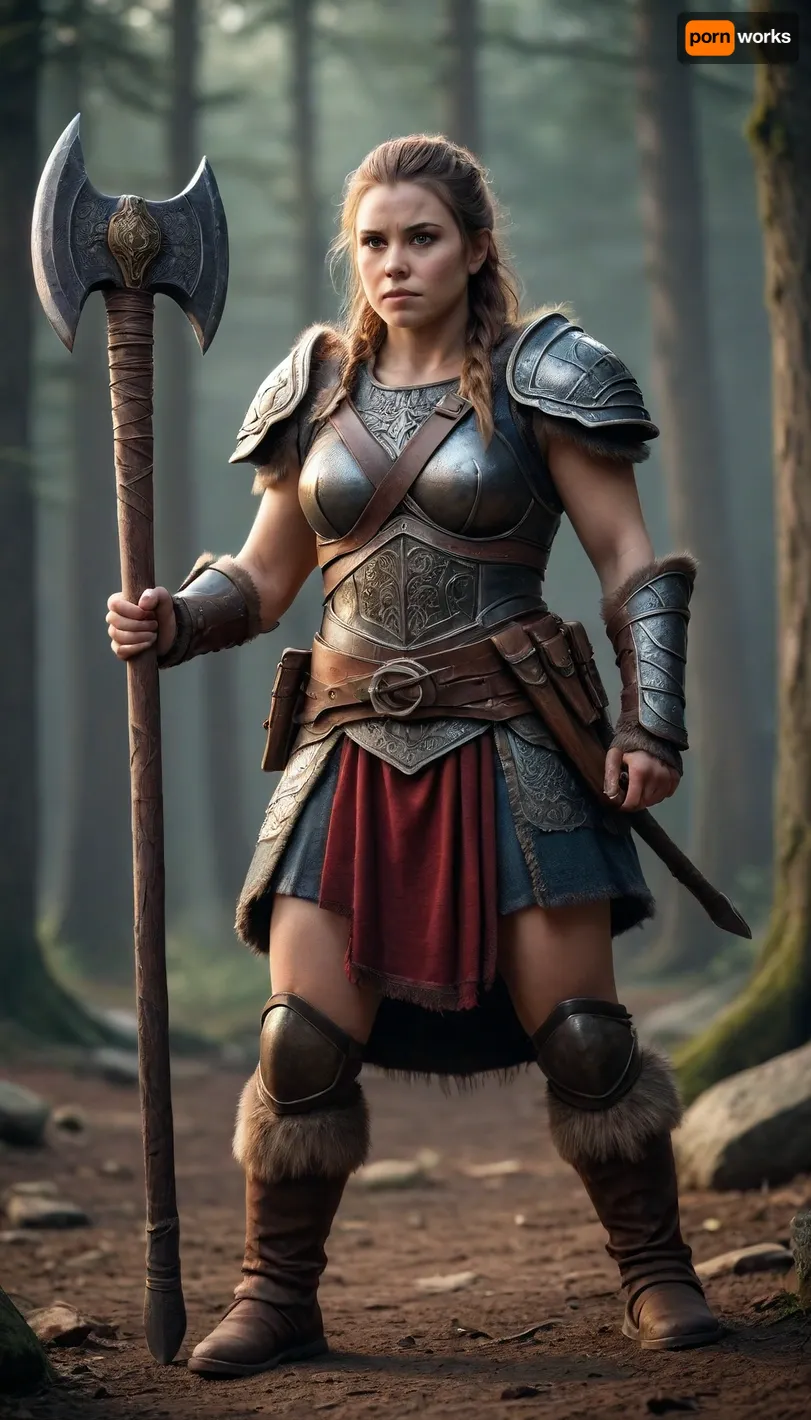 ((full body view)), woman dwarf warrior, armed with a axe