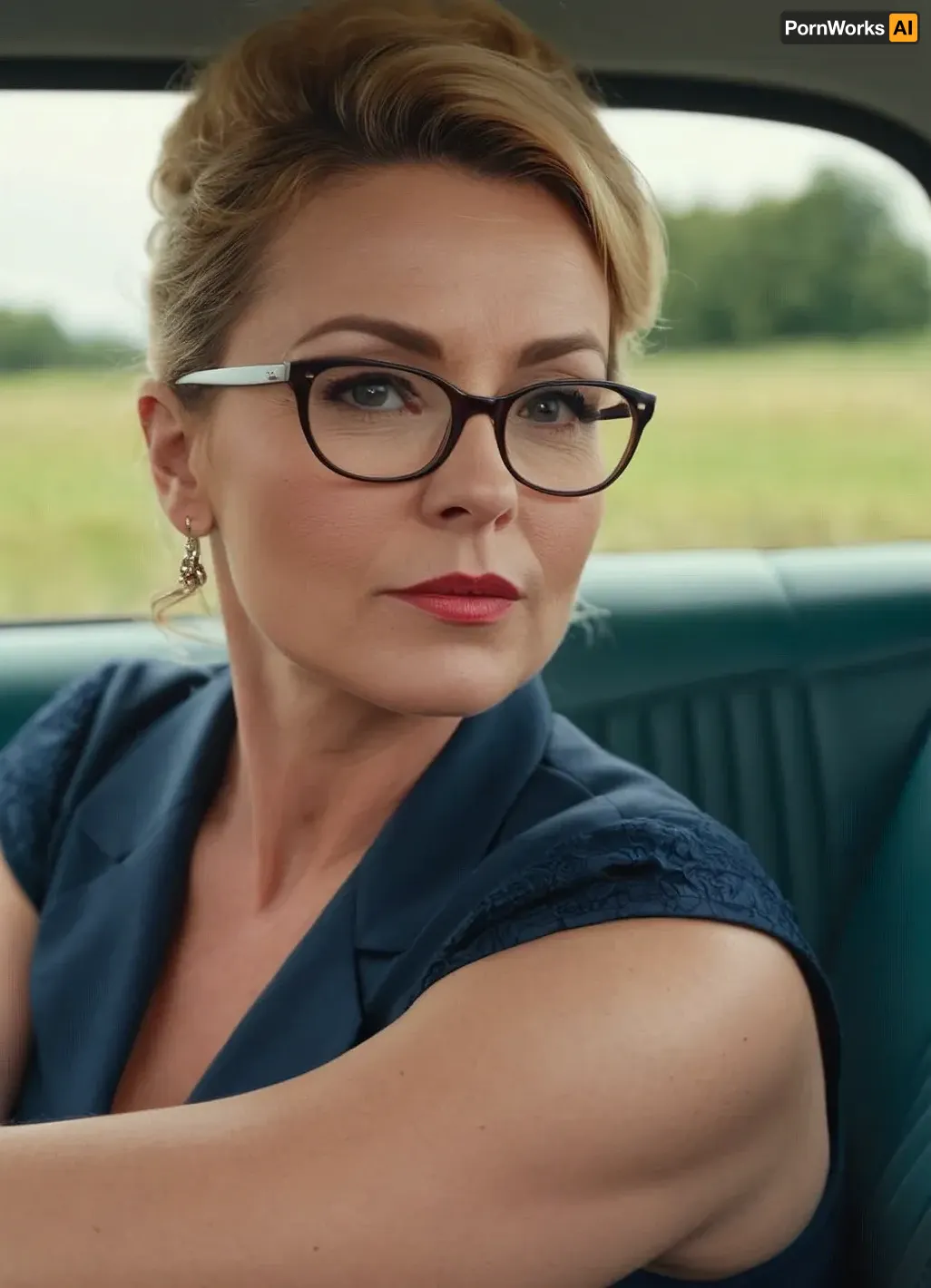 (4K UHD ultra-detailed RAW photo), Pin-up Irish women 45 yo, glasses, very drunk, in car, (4K, high resolution, best quality), (close-up:1.3)