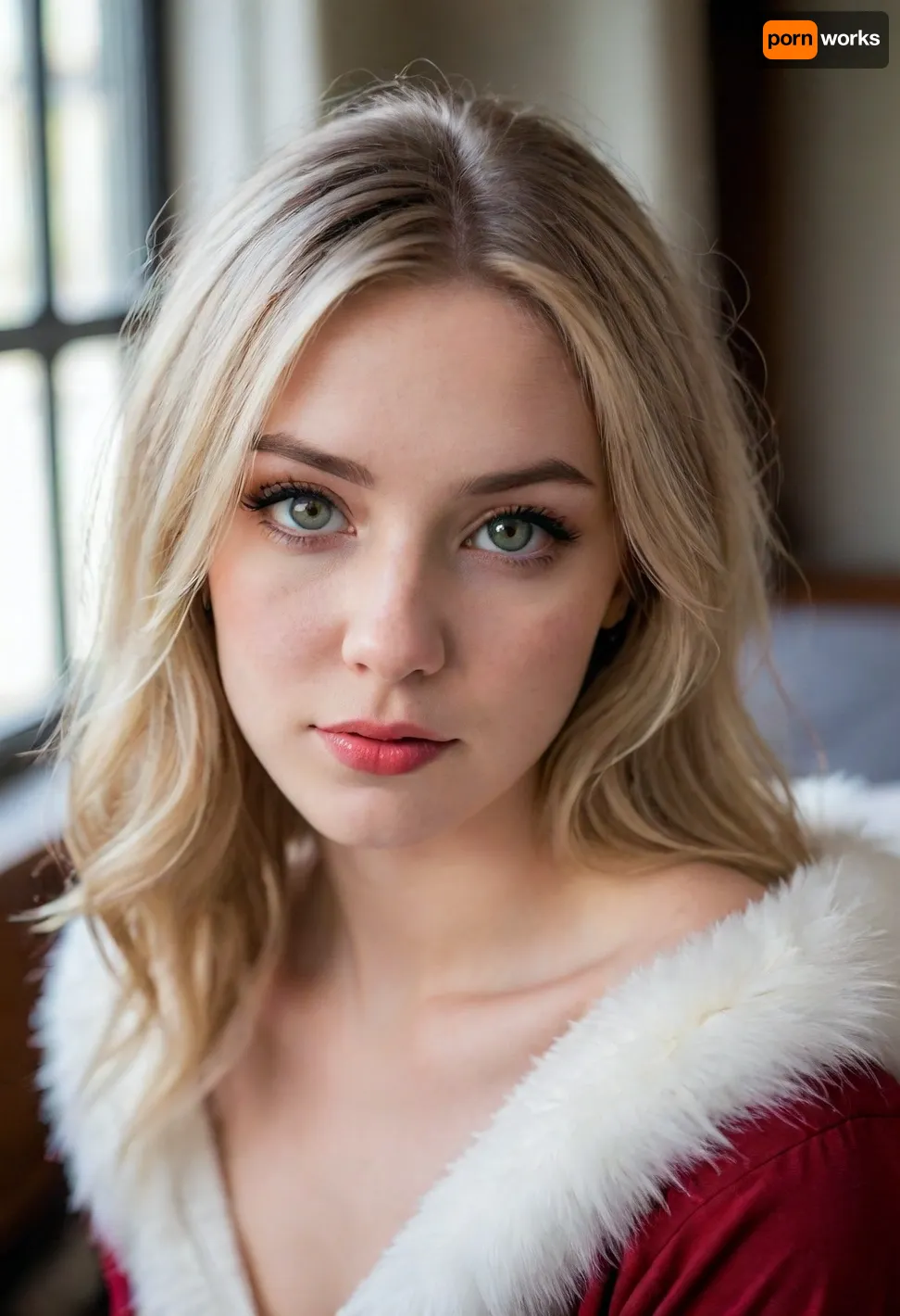 Capture an intimate closeup headshot of an enchanting woman using a classic Hasselblad 503CX medium format camera, paired with a vintage 80mm f/2.8 Planar lens. Perched on her bed in a sunlit artist's loft with large, industrial windows, the subject is an joyful college student in her mid-20s

Her skin, a rich creamy porcelain, glows softly under the natural light, revealing subtle freckles across her nose and cheeks. Her triangular features are accentuated by her messy pixie cut golden blonde hair with subtle dark roots cut in stylish textured waves, streaked with hints of deep reds and blacks, cute bangs framing her face with a wild enthusiasm, catching the sunlight in a luminous halo., (She's dressed in a tight, crimson red Santa-inspired mini-dress, adorned with fluffy white fur trim:1.4), Soft, diffused light filters through the loft's windows, casting gentle shadows that highlight the fine textures of her skin and the intricate details of her hair. The Hasselblad's renowned lens captures every exquisite detail the fine lines of her clothing's soft fabric, the natural contours of her face, and the nuanced play of light and shadow on her skin. The Planar lens creates a beautiful bokeh that softly blurs the background, drawing attention to her expressive pale green eyes sparkling with her mischievous nature, her defined cheekbones flushed with anticipation, (focus on eyes, loving expression, tender eye contact, comforting presence:1.6), (pale green eyes, pale creamy porcelain skin, creamy skin texture, chiselled cheekbones, strong jawline, defined jawline, elegant neck, subtle vellus hairs), ziprealism, sunnyrayyxo, <lora:sunnyrayyxo_v1_SDXLBase:.4>, perfecteyes, <lora:PerfectEyesXL:.8>, <lora:add-detail-xl:1.2>