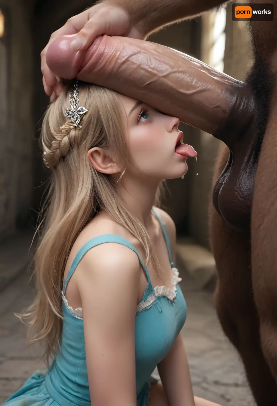 beauty, (gorgeous girl:1.1), blonde long hair, (big blue eyes:1.3), small tiara on head, giant minotaur with a, (massive penis:1.8), huge testicles, the minotaur is twice as big as the girl, kissing his massive horse style penis, penis is twice as big as her face, in dungeon castle, kneeling, (face splatered in sticky white cum), penis is on her head, tears, short tongue, torn dress, hand on head, side view blowjob, full lenght body, cum dripping from cock
