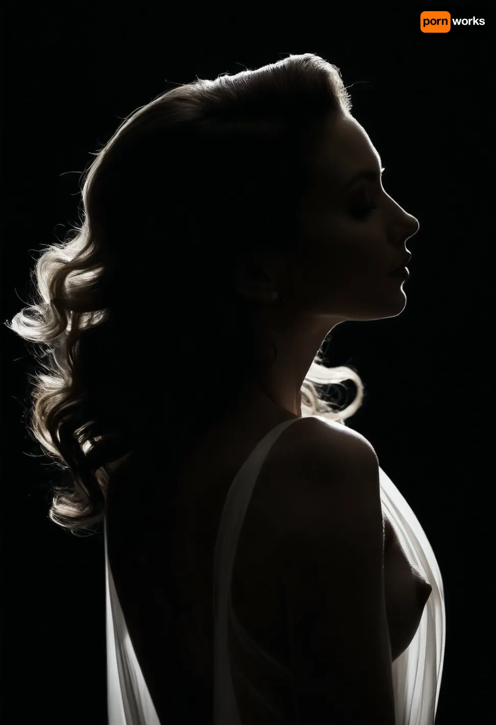 (Award-winning, evocative black and white photograph, upper body portrait:1.8), (silhouette of a woman in a graceful pose:1.7), (the suggestion of feminine curves subtly defined by light and shadow:1.6), (artistic nude study, focusing on darkness and contrast:1.5), (dramatic chiaroscuro lighting:1.7), (high contrast, deep shadows obscuring details:1.4), (unseen light source creating a soft halo:1.3), (long flowing raven black hair in cascading waves, sheer flowing fabric:1.4), night, dark room, mysterious, dreamlike, sensual atmosphere, delicate, fragile, poetic, intimate, ziprealism