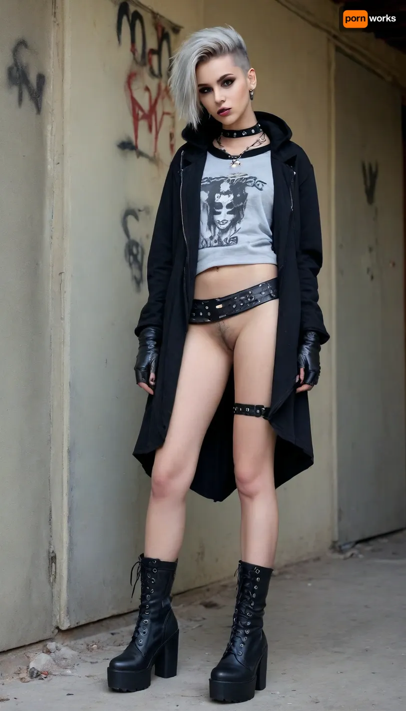 (hyper realistic), (most beautiful slender and slim 18 year old punk top model in a dirty abandoned house showing naked pussy, graffiti on walls, trash on floor), (showing nude pussy, showing nude vagina:1.4), (wearing black oversize gothic punk platform boots, black biker jacket over grey hoodie, studded choker, studded gloves:1.5), (asymmetric buzzcut hairstyle, beautiful detailed face, sensual eyes looking in camera), (erotic photo, porn photo, pornography, photorealistic, photo realistic, photorealism, photo realism, realistic, realism, 4k, 8k, 8k resolution, best quality, ultra quality, highest quality, maximum quality, uncompressed, raw source photograph), (intricate clothing, detailed clothing, detailed skin, realistic skin)