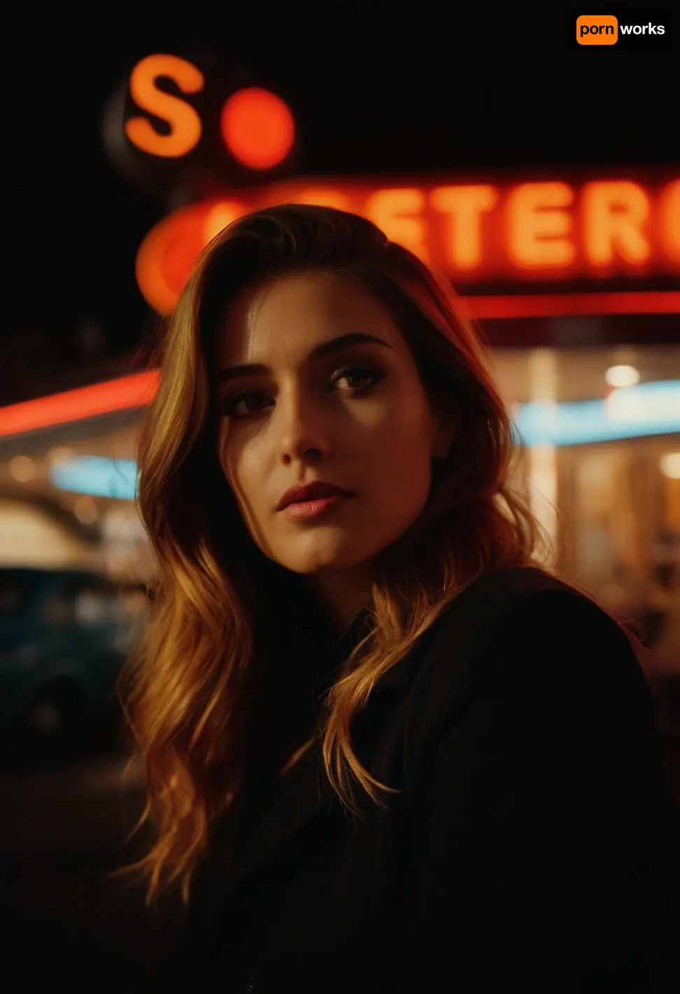 (avant-garde snapshot aesthetic, deep saturation, shadowy vignetting, light leaks, film grain, bokeh:1.4), adoring wife, outside neon retro diner, perfecteyes, <lora:PerfectEyesXL:.4>, sunnyrayyxo, <lora:sunnyrayyxo_v1_SDXLBase:.4>