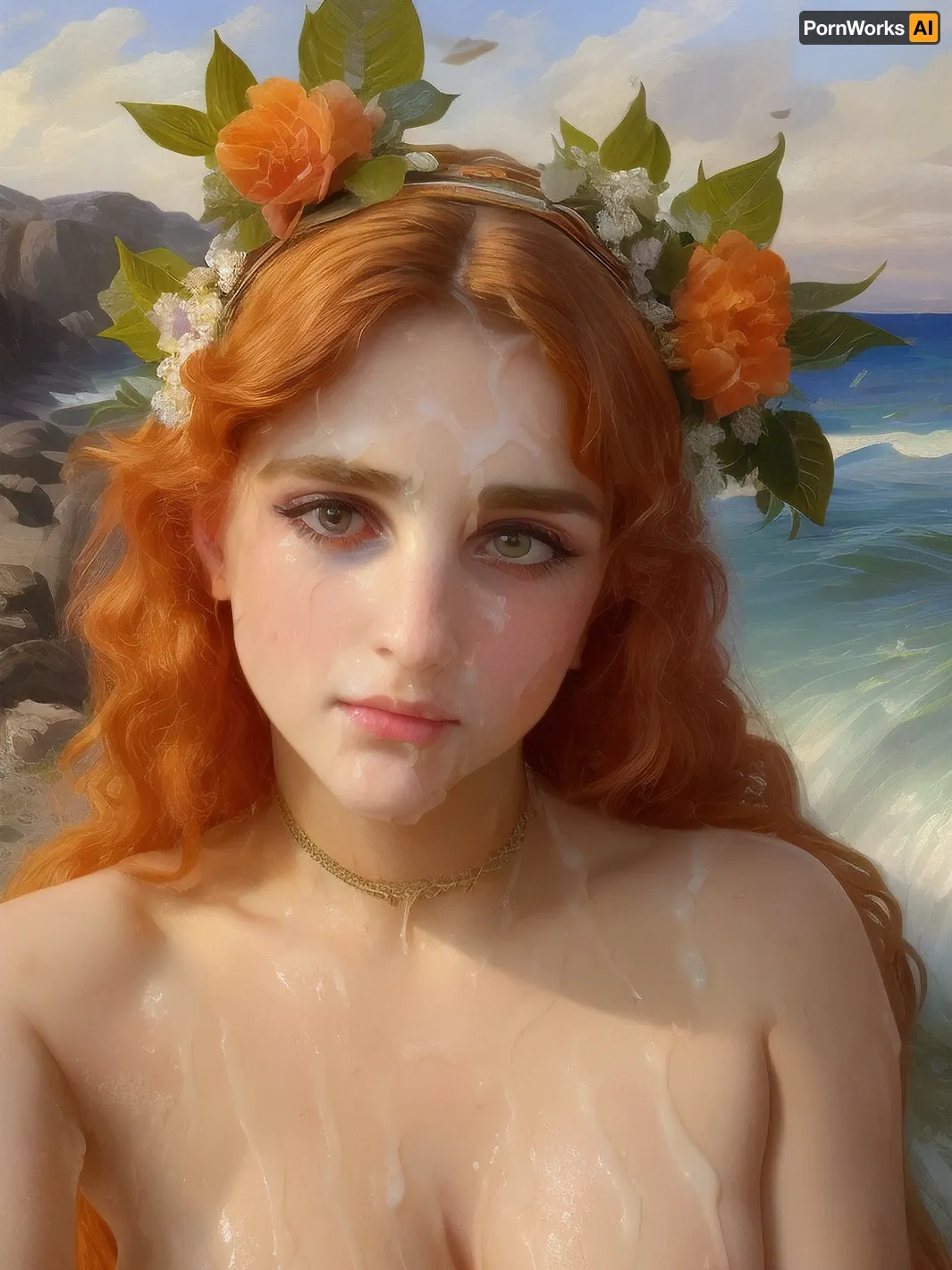 masterpiece, art, William-Adolphe Bouguereau, Alexandre Cabanel, Herbert James Draper, painting, 19th century, louvre, (ultra detailed face:1.4), 8k, (aphrodite:1), (greek_goddess:1), ancient greece, orange hair, mascara, heavy makeup, (tons of cum:1.4), bukkake, facial, cum, on, face, breasts, stomach, covered, in, flower crown, perfect, ocean, beach, <lora:facialized:1.3>, bgrtpainting, <lora:bouguereau-01:.5>