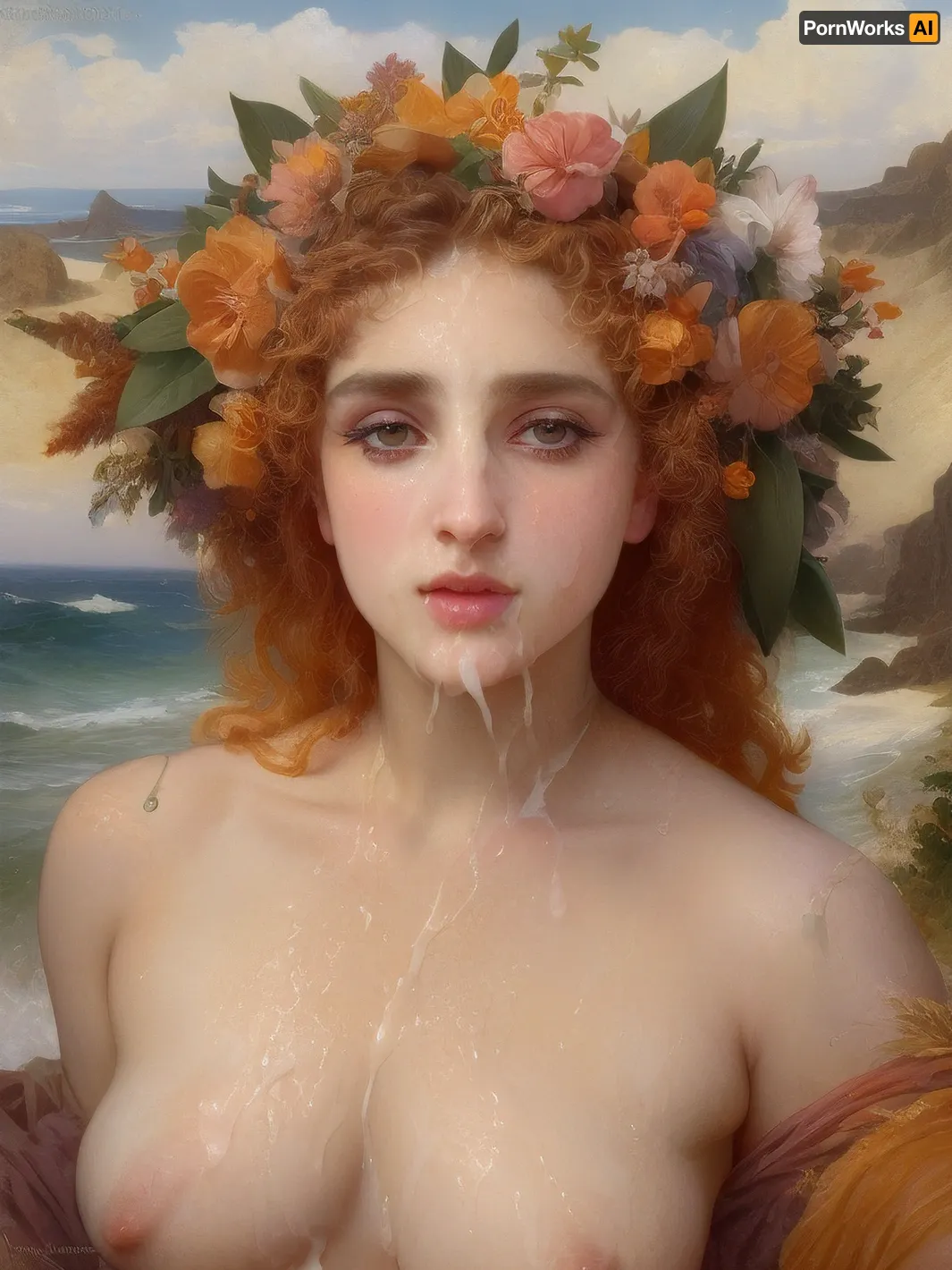masterpiece, art, William-Adolphe Bouguereau, Alexandre Cabanel, Herbert James Draper, painting, 19th century, louvre, (ultra detailed face:1.4), 8k, (aphrodite:1), (greek_goddess:1), blowjob, penis in mouth, ancient greece, orange hair, mascara, heavy makeup, (tons of cum:1.4), bukkake, facial, cum, breasts, stomach, covered, in, flower crown, perfect, ocean, beach, oil painting, <lora:facialized:1.3>, <lora:bouguereau-01:.5>