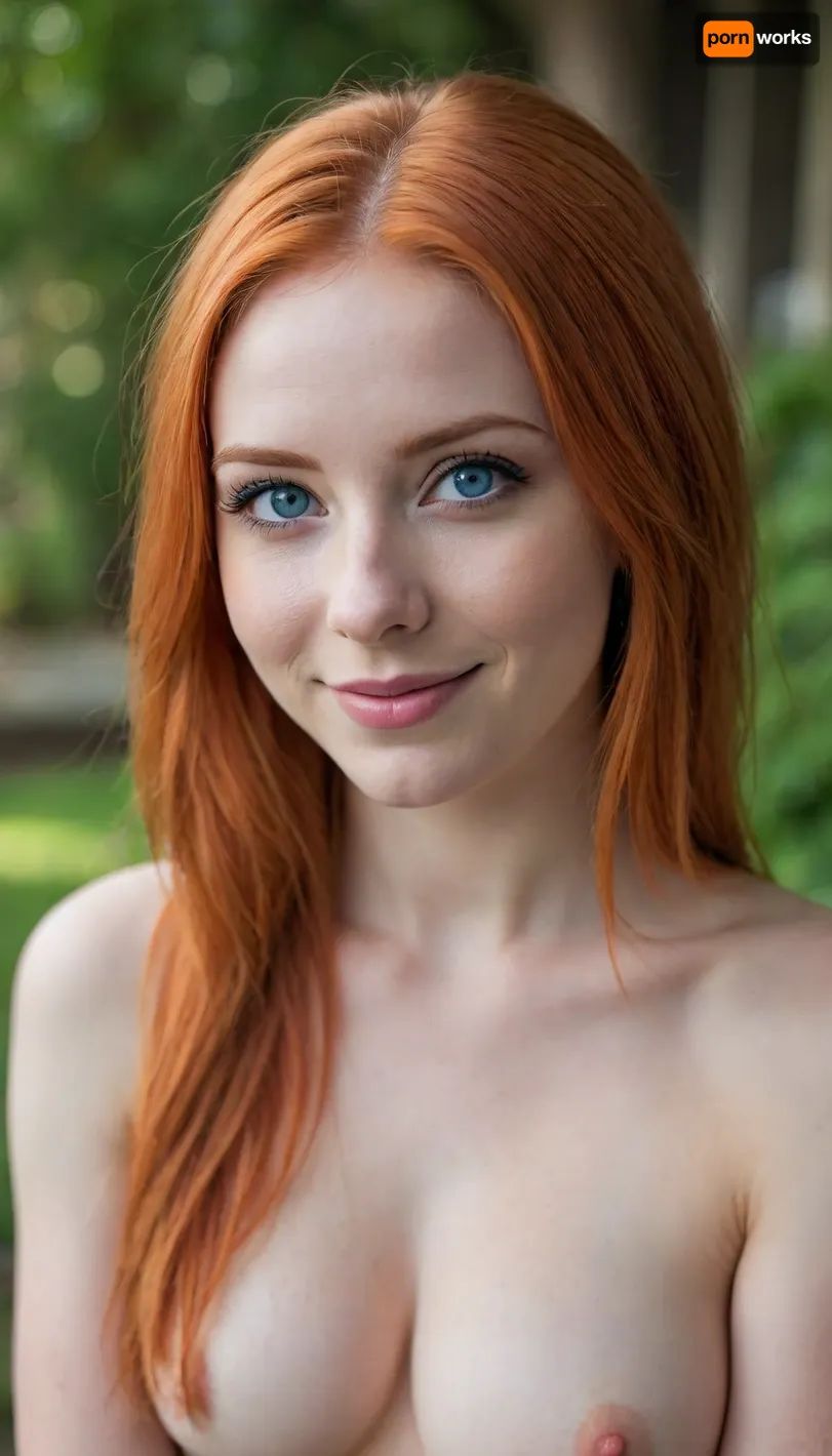 Full height view, beautiful 20 year old women with orange hair, blue eyes, horny, smiling, face tilted down, round face, pale skin, eye contact, makeup, long hair, breasts out