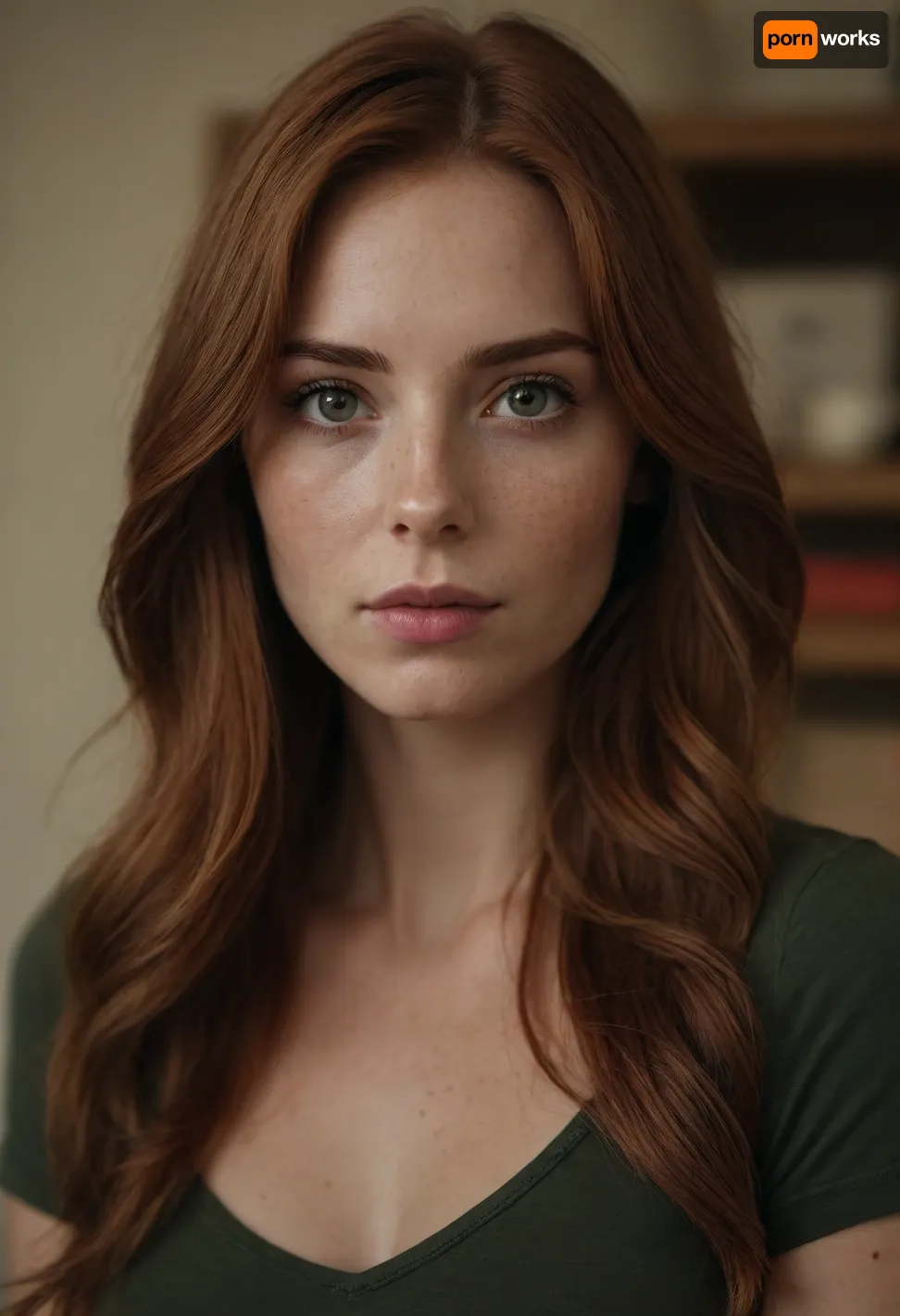 A photograph of a beautiful young woman, centered, looking directly at the viewer with a slightly serious yet gentle expression, (realistic eyes:1.3), with light brown irises and visible limbal rings, detailed eyelashes and eyebrows, (subtle freckles across her nose and cheeks:1.2), fair skin with warm undertones, slightly parted lips, (natural lip color:1.1), a small beauty mark near her left nostril., (Long, flowing auburn hair with subtle red and brown highlights:1.4), cascading down her shoulders and chest, with natural waves and loose strands framing her face, a center part, some hair tucked slightly behind her ears, capturing the light with soft highlights, (realistic hair texture:1.2), slight flyaways giving a natural look.

Wearing a dark green v-neck t-shirt with a slightly faded white "81" graphic printed on the front, the graphic has a slightly distressed and worn texture, short sleeves with dark trim around the edges, the fabric appears to be soft cotton, the shirt is slightly fitted, (the number "81" is clearly visible and slightly off-center:1.1), .
A hint of light-wash denim shorts visible at the bottom edge of the frame.

Standing with her hands resting on her hips, elbows slightly out, relaxed posture but confident gaze, her body facing forward, slight asymmetry in her pose, (natural and unposed:1.1), subtle muscle definition in her arms.

Indoor setting with soft, warm, cinematic lighting coming from the left, creating subtle highlights and shadows on her face and hair, the background is slightly blurred with a shallow depth of field, suggesting a portrait lens, hints of warm-toned wooden shelves or cabinets behind her, an out-of-focus picture frame hanging on the wall behind her to the right, a glimpse of greenery or a plant to the far left, the overall mood is intimate and natural., (Warm color grading:1.1), natural light, diffused light, ambient light.

Photorealistic style, captured with a high-quality professional camera, sharp focus on the woman's face and upper body, (slightly shallow depth of field:1.1), natural skin texture, 8k resolution, ultra-detailed, intricate details, cinematic composition, (close-up shot:1.2), medium shot.