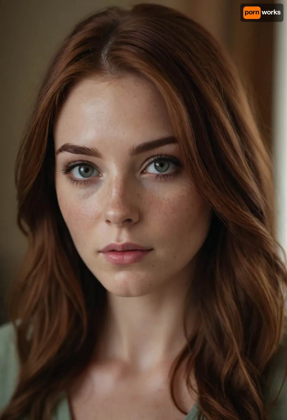 A photograph of a beautiful young woman, centered, looking directly at the viewer with a slightly serious yet gentle expression, (realistic eyes:1.3), with light brown irises and visible limbal rings, detailed eyelashes and eyebrows, (subtle freckles across her nose and cheeks:1.2), fair skin with warm undertones, slightly parted lips, (natural lip color:1.1), a small beauty mark near her left nostril., (Long, flowing auburn hair with subtle red and brown highlights:1.4), cascading down her shoulders and chest, with natural waves and loose strands framing her face, a center part, some hair tucked slightly behind her ears, capturing the light with soft highlights, (realistic hair texture:1.2), slight flyaways giving a natural look.

Wearing a dark green v-neck t-shirt with a slightly faded white "81" graphic printed on the front, the graphic has a slightly distressed and worn texture, short sleeves with dark trim around the edges, the fabric appears to be soft cotton, the shirt is slightly fitted, (the number "81" is clearly visible and slightly off-center:1.1), .
A hint of light-wash denim shorts visible at the bottom edge of the frame.

Standing with her hands resting on her hips, elbows slightly out, relaxed posture but confident gaze, her body facing forward, slight asymmetry in her pose, (natural and unposed:1.1), subtle muscle definition in her arms.

Indoor setting with soft, warm, cinematic lighting coming from the left, creating subtle highlights and shadows on her face and hair, the background is slightly blurred with a shallow depth of field, suggesting a portrait lens, hints of warm-toned wooden shelves or cabinets behind her, an out-of-focus picture frame hanging on the wall behind her to the right, a glimpse of greenery or a plant to the far left, the overall mood is intimate and natural., (Warm color grading:1.1), natural light, diffused light, ambient light.

Photorealistic style, captured with a high-quality professional camera, sharp focus on the woman's face and upper body, (slightly shallow depth of field:1.1), natural skin texture, 8k resolution, ultra-detailed, intricate details, cinematic composition, (close-up shot:1.2), medium shot.