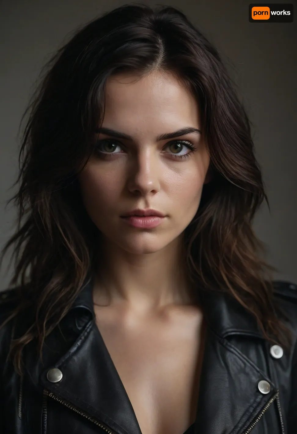 Close-up portrait of a confident woman with a rockstar attitude, intense gaze, and wild, tousled long dark hair. Her expression is bold and effortlessly cool, with a slight smirk and piercing eyes lined with subtle, smudged eyeliner for a smoky, rebellious look. She is wearing a sleek black leather jacket draped over her shoulders, adding an edgy, grunge vibe. The framing is tight, focusing on the face and upper shoulders, with a shallow depth of field that blurs a minimal, light-colored background. Her hair flows naturally, with loose, messy strands framing her face, adding a sense of movement and raw emotion. The lighting is soft and diffused, highlighting her natural skin texture and creating a moody yet authentic atmosphere. The overall style is cinematic and modern, evoking a sense of effortless rockstar confidence and raw beauty.
Wide aperture, (f/1.8), shallow depth of field for a blurred background. Soft natural light, diffused, with subtle highlights on the face and hair. Photorealistic, cinematic, high detail, magazine editorial quality. Bold, edgy, rebellious, raw, and confident.