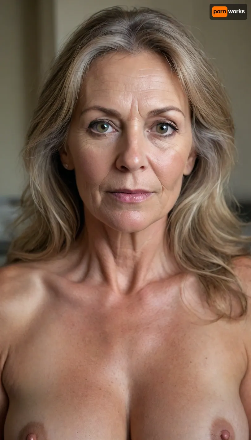 beautiful gorgeous stunning sexy 50yo swedish woman, fine facial features, long flowing messy dark blonde hair, pretty face, (gilf:1.3), (granny:1.2), sagging bare breasts
