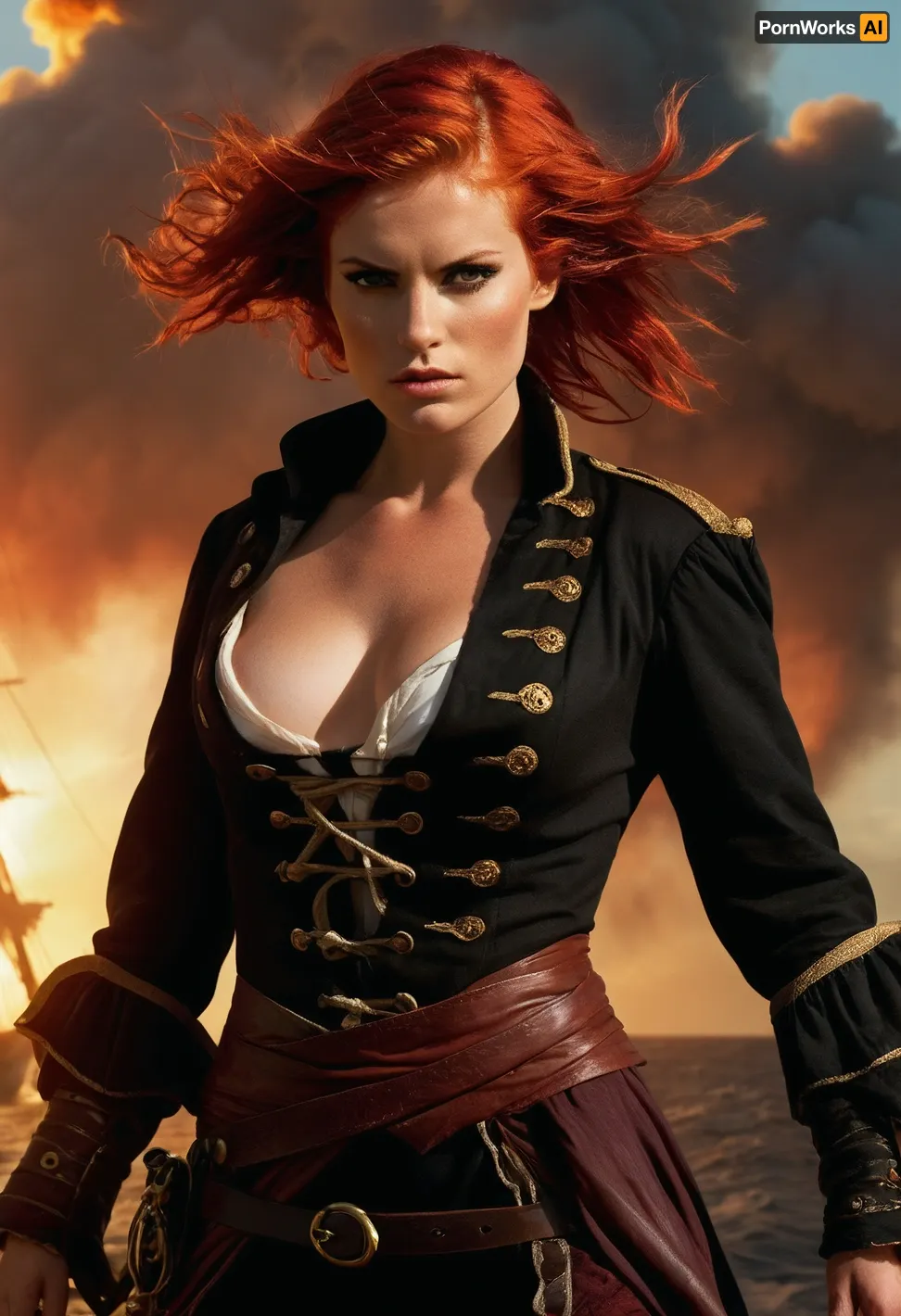 (masterpiece, best quality, ultra-detailed:1.2), (a majestic pirate queen, pirate, pirate queen, pirate captain:1.4), (fierce gaze, intimidating presence:1.1), (bobcut fiery red hair tousled by the wind, boy cut hair, short hair, unkempt hair:1.4), (deeply tanned skin, weathered skin, battle scars, rough skin, battle hardened), standing on the deck of a massive weathered galleon, (intimidating beauty, confident pose, muscular body, lean body:1.3), sails billowing, detailed textures of wood, rope, and fabric, a subtle sense of adventure and impending danger, dramatic lighting from the setting sun, cinematic composition, intricate details, vibrant colors, hyperrealistic style, (sharp focus:1.3), (8k resolution:1.2), masterpiece painting, ZipRealism