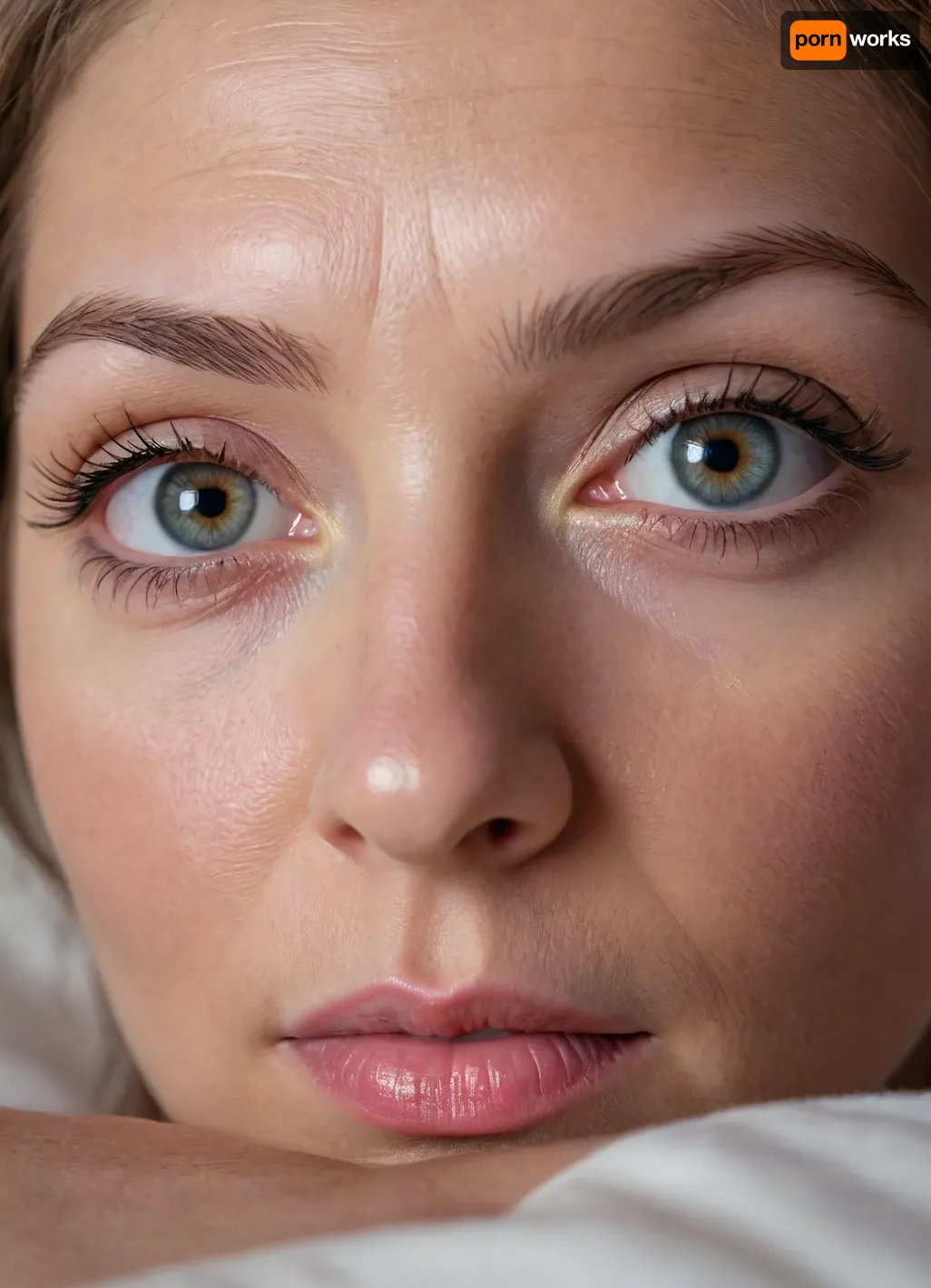 Mature woman, 60 years old, (chin resting on her bed with her big ass filling the frame behind her face, facing directly into the camera, plow cam, face down ass up), (ultra realistic, realistic, photorealistic, photo realistic, photorealism, photo realism), (maximum quality, ultra-detailed, insanely detailed, highly detailed, high quality, uncompressed, raw source photograph, raw image, dslr), (highly detailed eyes, high resolution eyes, high quality eyes, highly detailed hair), (same color eyes, symmetric eyes, matching eyes, detailed eyes, detailed iris, detailed pupils, limbal ring around iris, perfectly round iris, perfectly round pupils), (expressive eyes, striking eyes, captivating eyes, mesmerizing eyes, glittering eyes, Fae eyes)