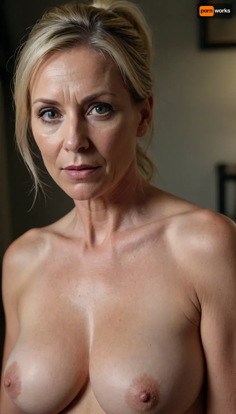 ((1 woman), (mature:1.2), milf, gilf, blonde, (mature 45 year old woman), very realistic, ponytail, naked, heavy breasts, (facial wrinkles:1), dim light, soft lightning, looking at viewer, (((view from above:1))))