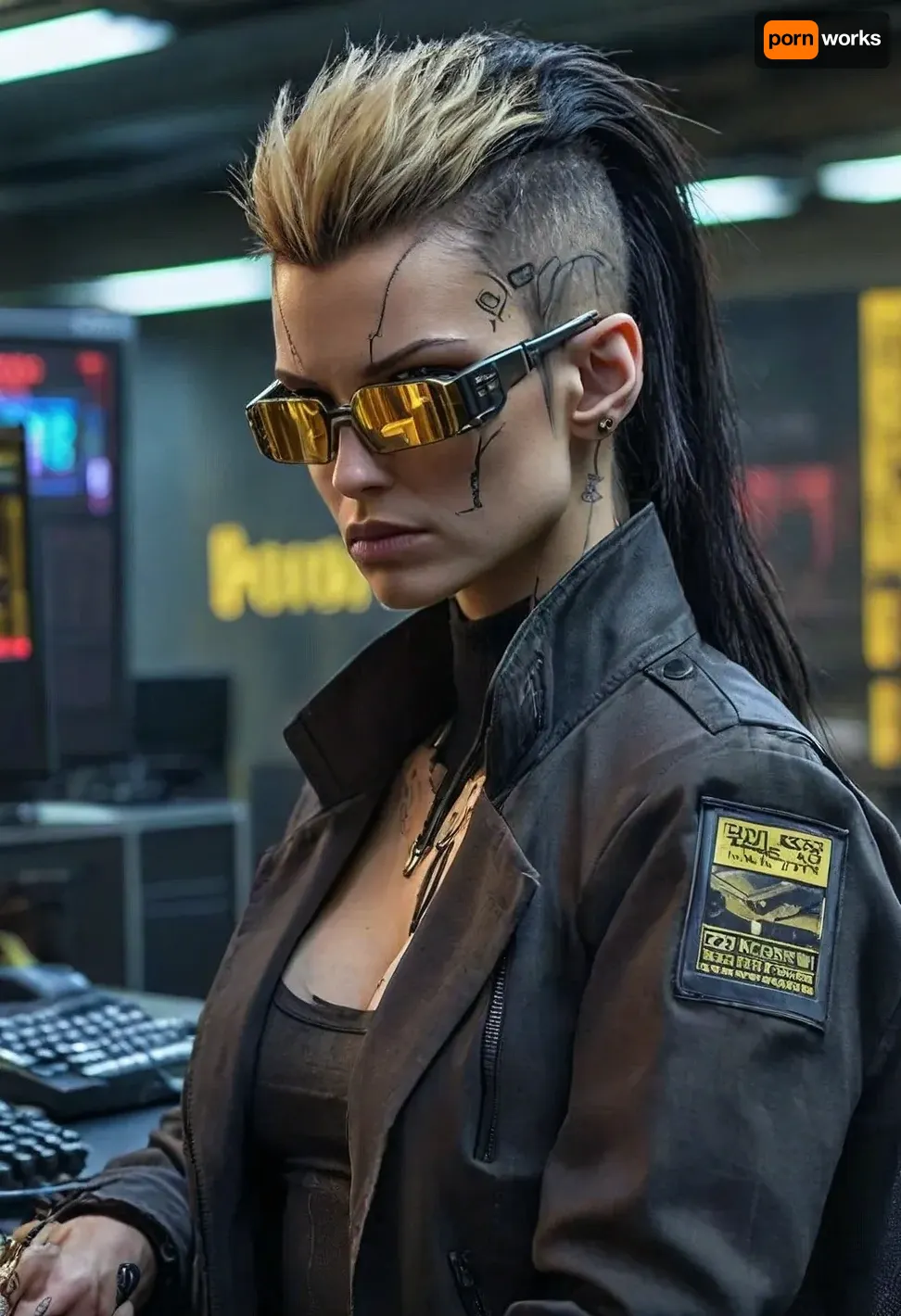 cyber punk girl in the office at the desk, long styled blonde-black hair, cyberpunk style, hyperrealistic, cyberpunk corpo, cyberpunk 2077 character, cyberpunk, elegant corporate clothing of a cyberpunk corpo, sci-fi businesswoman, professional photograph, high quality, HDR, RAW color, black-golden shirt, black-golden long coat, cyber glasses, body with microchips, cyber implants in the body, chip in head, cybernetic eyes, robot neck, future gun in hand, mohawk, <lora:FF-CyberF-Male1Locon:1>, <lora:Cyber_ID:.5>, <lora:cyber_aesthetic_sdxl:.5>