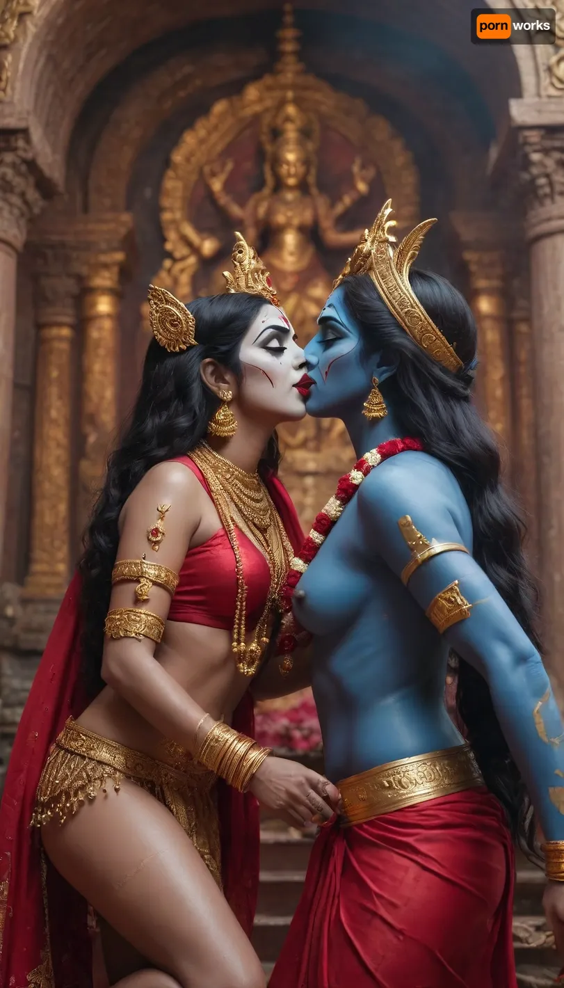 Indian goddess kali and Durga kissing in temple surrounded by corpses