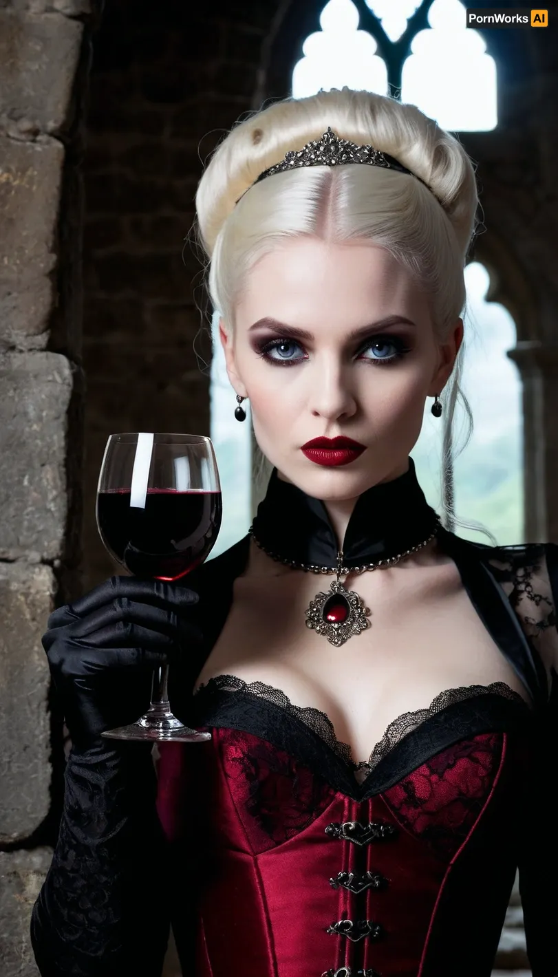 (An enrapturing portrait of a stunningly beautiful goth girl vampire in a gothic castle, drinking red wine from an ornate goblet:1.4), (silhouetted against a dark, stone wall backdrop:1.3), (focus on eyes, intense expression, unnerving, eerie, inescapable eye contact, demanding presence:1.5), (long, straight white hair cascading over her shoulders, contrasting with her dark makeup), (soulless pale blue eyes, pale creamy porcelain skin, creamy skin texture, chiselled cheekbones, strong jawline, defined jawline, elegant neck, subtle vellus hairs), (goth makeup, smoky eye shadow, heavy mascara, winged eyeliner, long eyelashes, immaculate eyebrows, blood red lipstick, wet lip look), (her predatory smirk hints at the deadly fangs hidden beneath her glistening lips), (wearing a black lace corset, black choker with a silver pendant, black lace gloves), (gothic architecture in the background, stone walls, arched windows, wrought iron details), ZipRealism