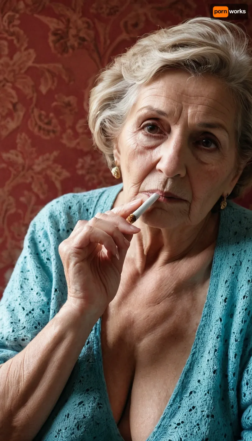 granny smoking a cigarette, old, mature, woman, 60+, Pubic Hair, faded blonde Hair, Saggy tits, Natural sagging tits, displaying wet pussy, high details, high definition, <lora:220437_training_data:1>