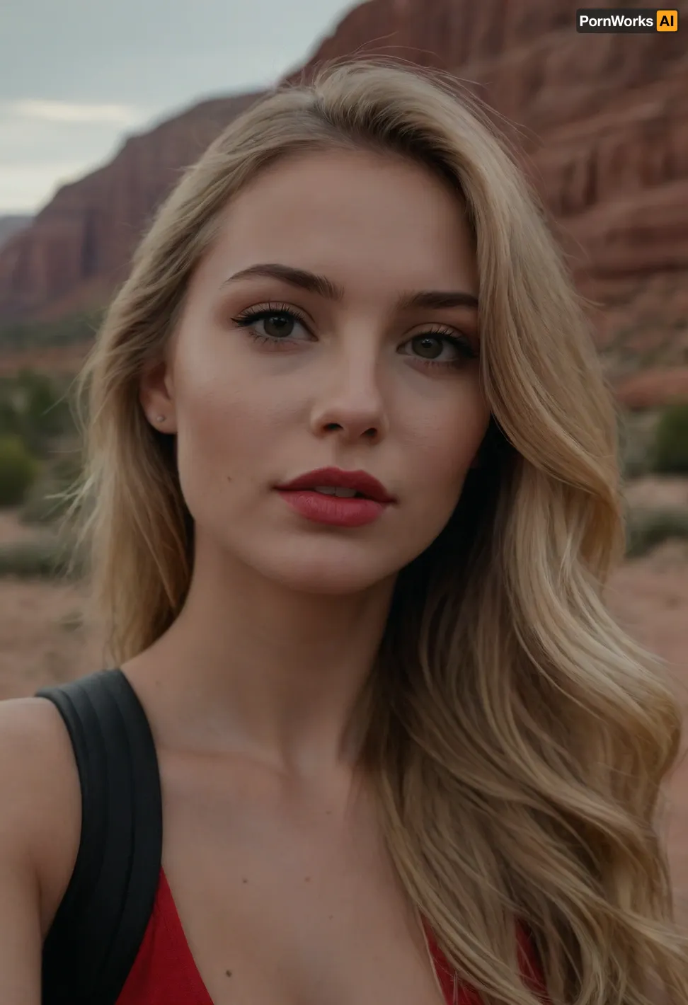 (RAW photo:1.2), (high resolution:1.2), (film grain:.2), (iphone selfie, over the shoulder selfie, tourist selfie:1.8), of a beautiful young woman, looking directly at the camera, slightly pouting lips, (center-parted extremely long voluminous blonde hair with waves:1.4), (ash blonde with dark roots and golden highlights:1.2), (soft and natural texture:1.1), (wispy strands framing face:1.1), (fair skin:1.2), (caramel eyes:1.3), (subtle cat eye makeup with thin black eyeliner:1.2), (inner corner white eyeliner:1.1), (light brown eyebrows:1.1), (full plump lips:1.2), (slightly glossy pinkish-nude lipstick:1.2), (subtle freckles on nose and cheeks:1.1), wearing a black leather jacket with a white top underneath, (out of focus background:1.1), (neutral colors:1.1), (depth of field:1.3), (shallow focus:1.2), (She stands on top of a high red rock bluff and the the background features a stunning panoramic vista of a redrock landscape:1.4), ZipRealism