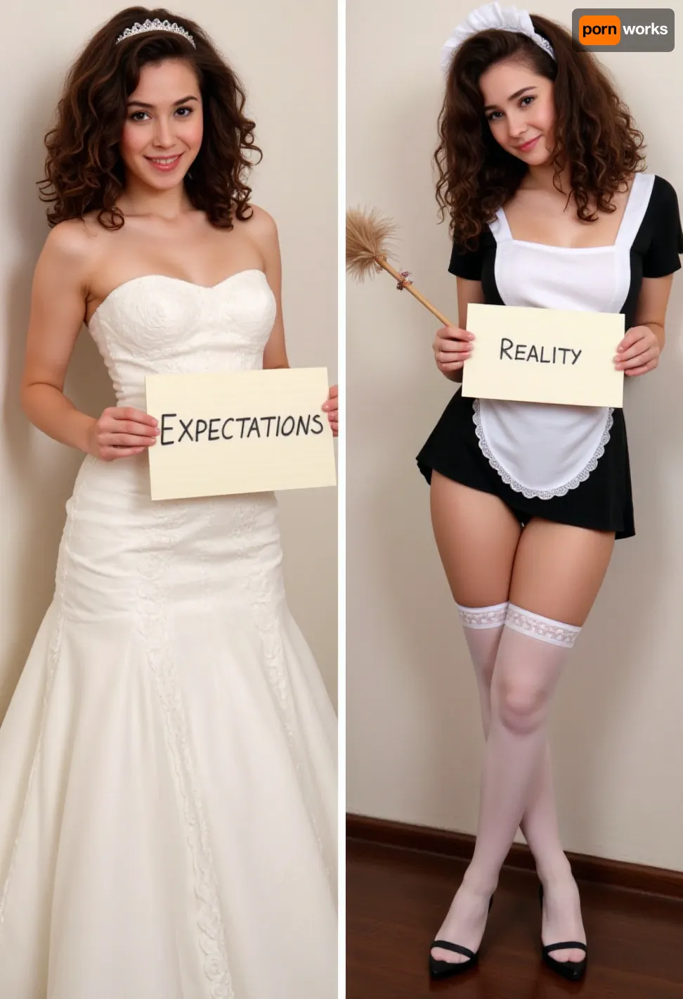 side-by-side two pictures, young French petite woman, curly brown hair, standing, (first picture on the left, confident, playful expression, huge smile, wedding dress, tiara, holding a handmade sign with text "EXPECTATIONS"), (second picture on the right, new expression on her face, much more serious, worried, frowning, sad, sexy french maid costume, black and white, feather duster in her pussy, holding a handmade sign with text "REALITY" in other hand)