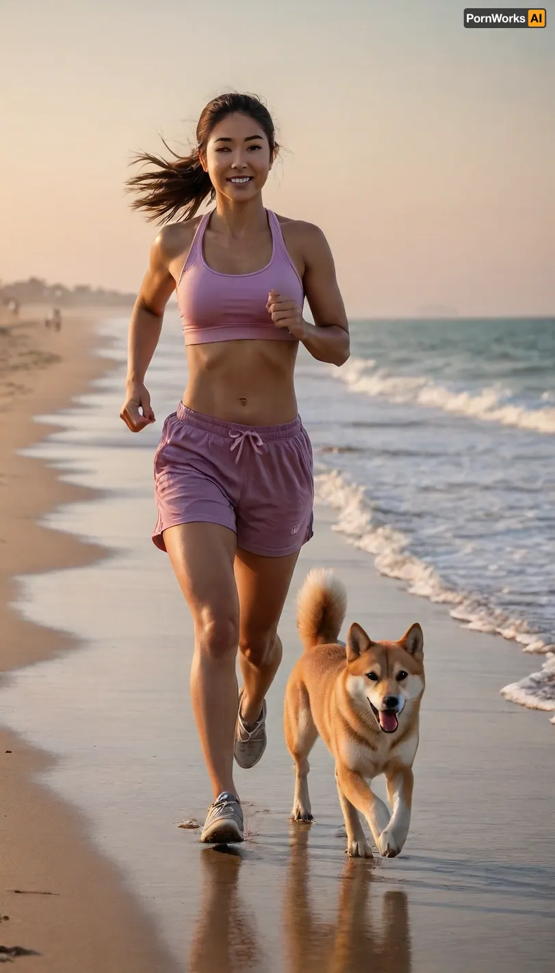 brawny muscular girl jogging with her shiba inu along a beautiful beach during sunset, sweaty
