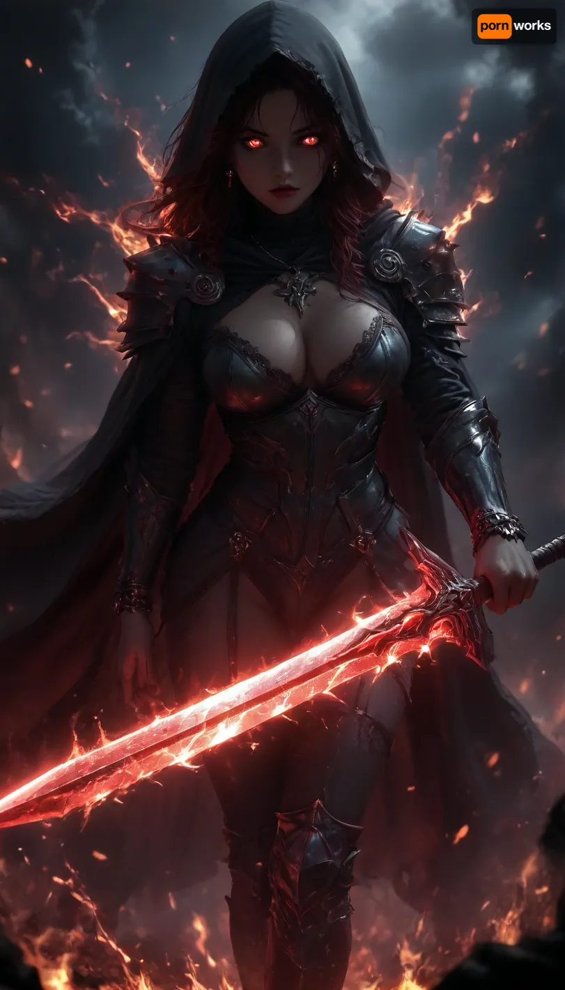 woman, long black messy hair, rings, earrings, necklace, bracelet, strong makeup, big breasts, perfect Body, best quality, perfect face, perfect body, highres, 8k wallpaper, (soft lighting:.5), quality, black hood, cape, ((deathknight black spiky full metal warrior armor)), hood, burning undead tomb, black warpaint, skulls, (burning dark red fireball in Hand), dynamic pose, fire armor bustier deep cleavage, (perfect ass), (dark red fire), (burning), (Leg armor), hkstyle, nipples, ((dynamic sexy pose)), nip slip, angry facial expression, flaming eyes, (surrounded by fire), Black Lace Stockings Pantyhose Suspender Garter Belt Thigh High Socks, <lora:hkstyleV5:1.2>, <lora:dark:.6>, (burning dark red greatsword in Hand), very pale skin, (dark red flamewaves:1.5), ((dark red electricity:1.5))