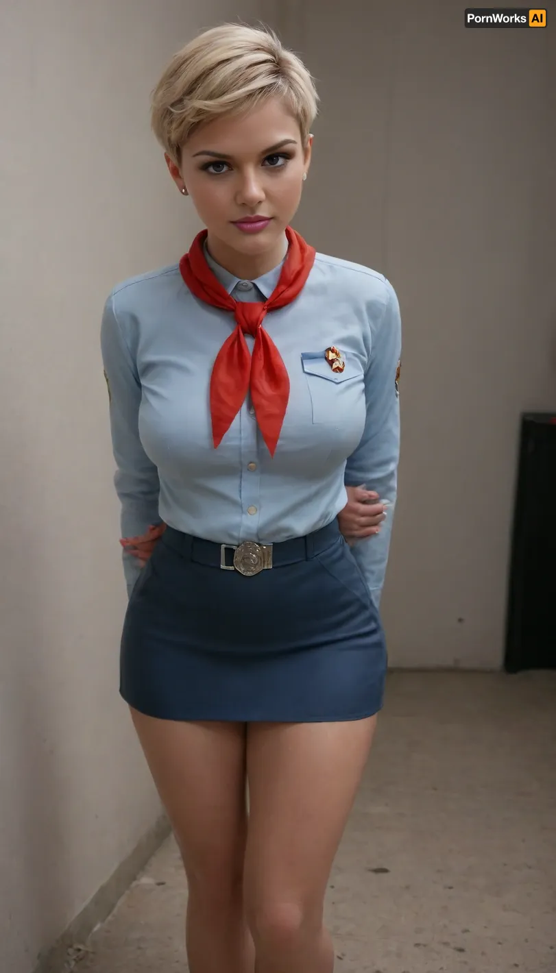 Professional makeup, partly exposes her large full breasts, at night, spotlights, many details, 4k, photorealistic, perfect picture, UHD 8K, extreme realism, maximum detail, wide angle view, distant view, award winning photo, 1/2 body view, ((fit soviet 18yo girl)), ((completely clothing)), ((in uniform)), ((BLONDE HAIR, GLAMOROUS PIXIE CUT HAIR)), old, perfect face, ((sad:1.3)), ((cute:1.6)), blue eyes, makeup, red lipstick, standing in office, flashed her panties, microskirt, extremely, short, <lora:MicroSkirt_XL:.5>, <lora:580159_training_data:.5>, pionyrs, shirt, neckerchief, skirt, sash, badge, <lora:pionyrka:.8>