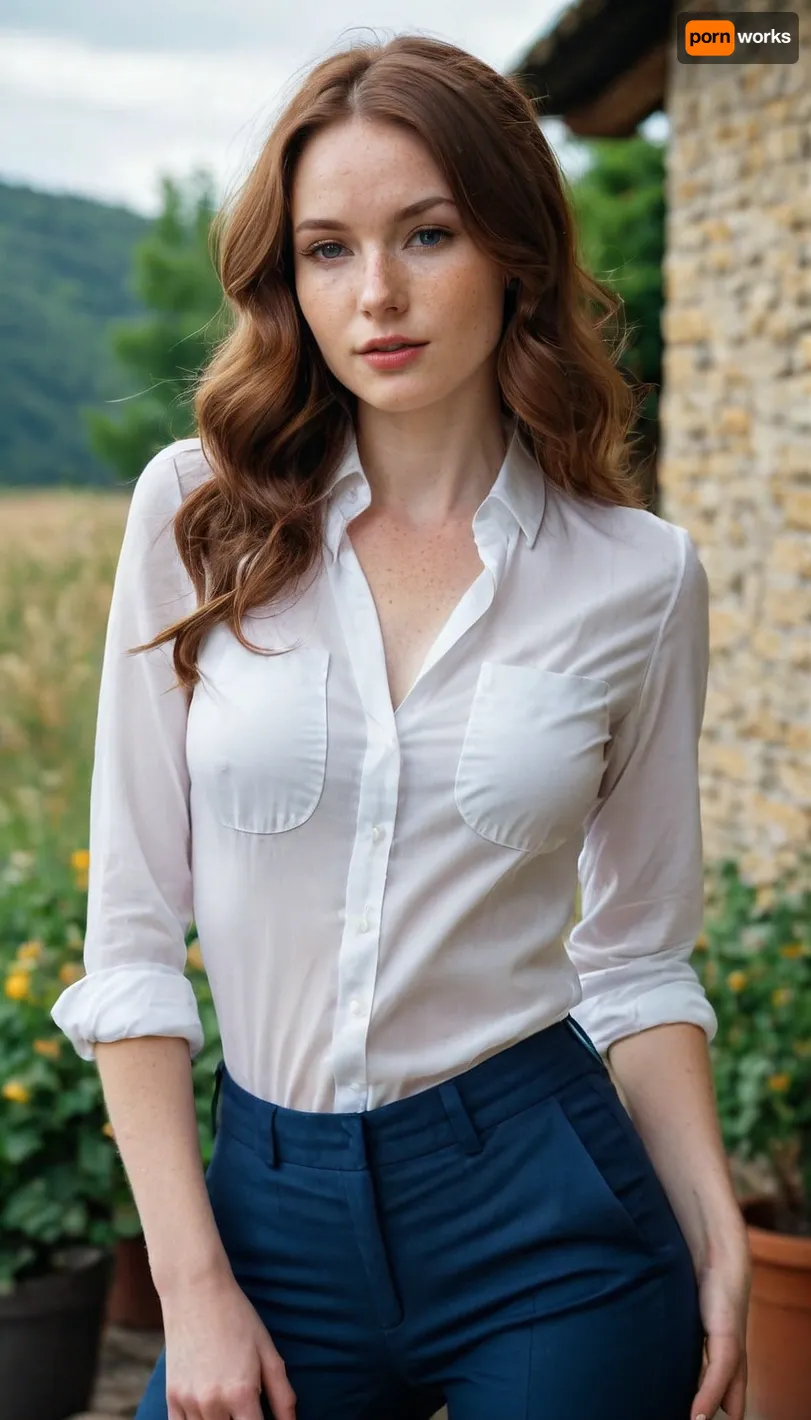 Elegant woman, 29 years old, long wavy hair, chestnut hair, petite woman, 1.50m, small ass, round ass, small round breasts, firm breasts, ((pale skin)), freckles. smartly dressed, wide blue navy trousers, white shirt.