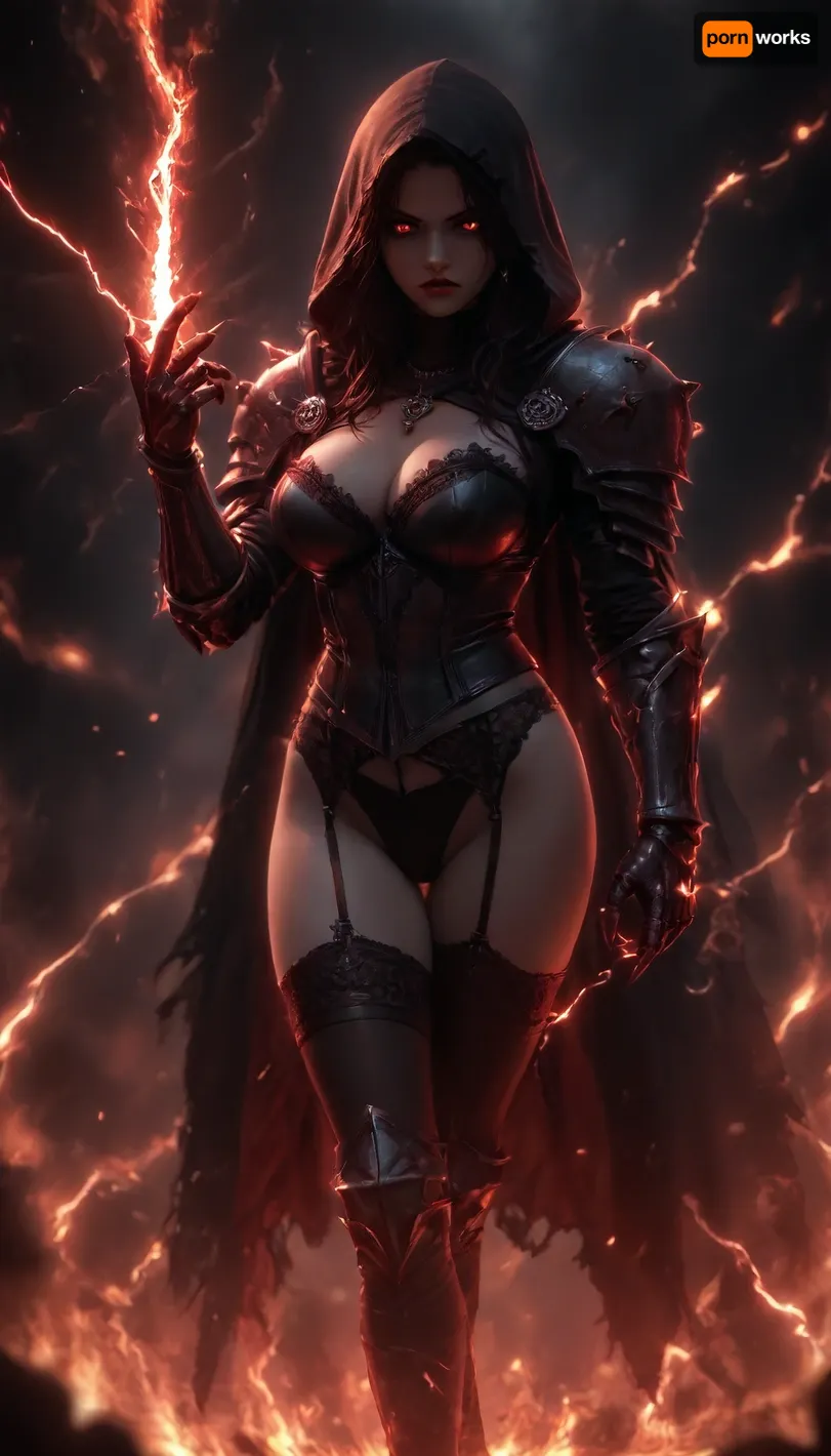 woman, long black messy hair, rings, earrings, necklace, bracelet, strong makeup, big breasts, perfect Body, best quality, perfect face, perfect body, highres, 8k wallpaper, (soft lighting:.5), quality, black hood, cape, ((deathknight black spiky full metal warrior armor)), hood, burning undead tomb, black warpaint, skulls, dynamic pose, fire armor bustier deep cleavage, perfect ass, (fire), (burning), (Leg armor), hkstyle, nipples, ((dynamic sexy pose)), nip slip, angry facial expression, (firewalls), flaming eyes, (surrounded by fire), Black Lace Stockings Pantyhose Suspender Garter Belt Thigh High Socks, very pale skin, (dark red electricity:1.5), (demon arm claw), <lora:hkstyleV5:1>, <lora:dark:.5>, <lora:add-detail-xl:.7>