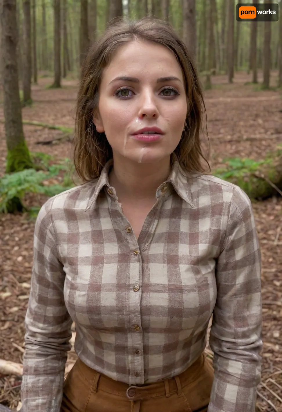 masterpiece, best quality, 1 girl, swedish 30yo, solo, tight beige jodhpurs, riding boots, (brown checkered shirt blouse with rolled up long sleeves:1.4), outdoors, brunette hair, bright ice blue eyes, short haircut with side parting, hair tucked behind ears, on a ride through the forest, she sits on a log, (her face is covered with cum, big cumload on her chest, cum on clothes, cum threads drip from chin:1.4), facial, cum, on, face, breasts, stomach, covered, in, perfect, <lora:681678_training_data:.5>, <lora:Facials:.7>