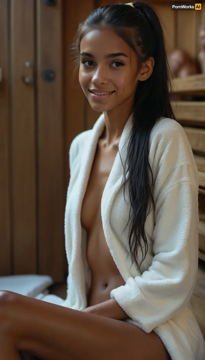 Ultra-realistico Vista laterale 8k: la bellezza assoluta di meika wollard in una sauna pubblica a vapore