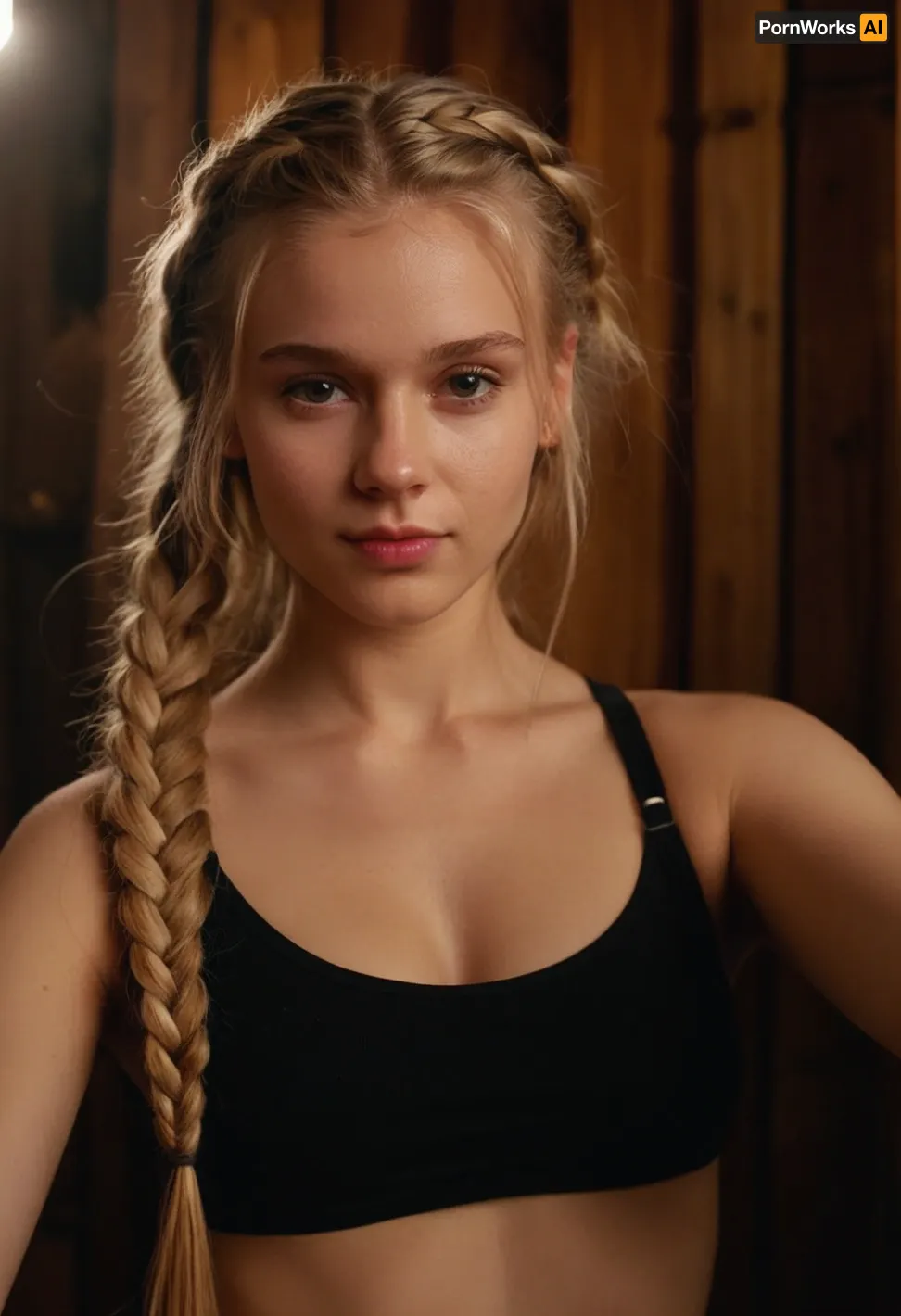 one 18 year old ranch girl, (The girl has long blonde hair braided in dreadlocks), pale skin, pink cheeks, very sexy, very cute, full figure, breasts visible, (petite model on instagram), small breasts, very slim girl, slim figure, slim waist, fit girl, very, innocent face, sexy look, very petite girl, very arched, ultra realistic, very detailed, selfie quality, godpussy, <lora:SDXL_GodPussy_v1:.5>