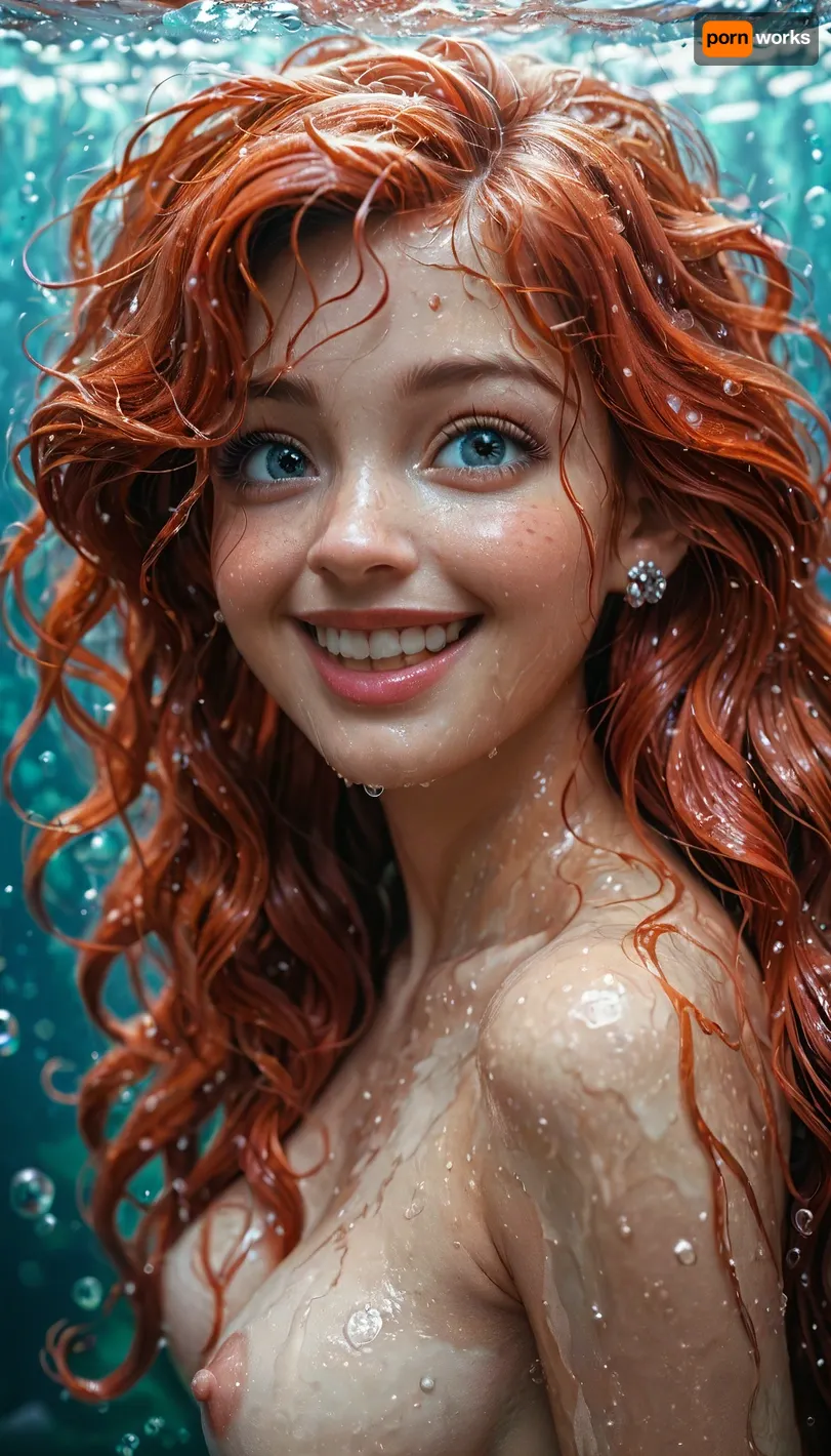 disney, redhead Princess ariel, the little mermaid, mermaid body, topless, messy hair, looks happy, wet body, wet hair, detailed background, perfect detailed body, detailed skin texture