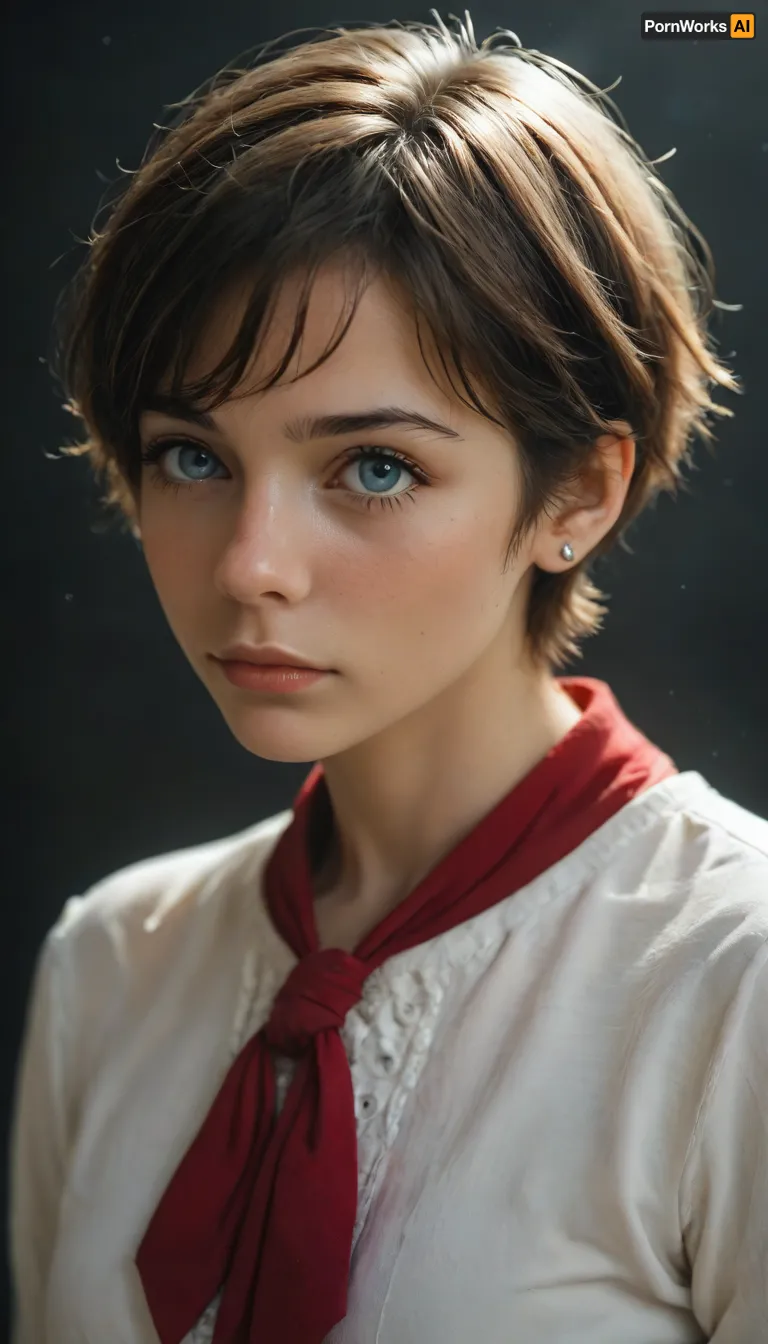 1girl, brown hair, short hair, pixie hair, blue eyes, masterpiece, extremely best quality, official art, cg 8k wallpaper, white colared shirt, blue pleated skirt, red neckerchief, (Fantasy Style:1.1), (face focus upper body:1.2), dark background, solo, looking up, light particle, highly detailed, best lighting, pixiv, depth of field, (beautiful face), fine water surface, incredibly detailed, (an extremely beautiful), (best quality), <lora:ALisa_Selezneva_V5:1.3>