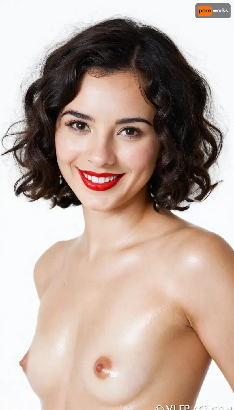 Passport photo, A 22 years old mexican woman, small breasts, brunette, naked, smiling and laughing, short wavy hair, Black color hair, red lips, hyperrealistic photo, white background, Full HD, 8K