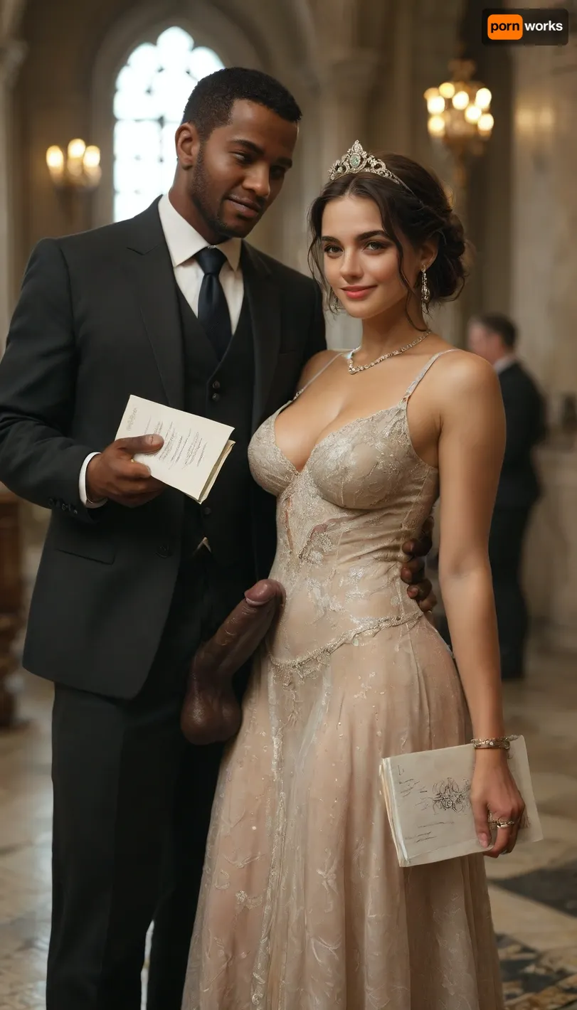 interracial, huge black penis, big black veiny penis, very veiny large black cock, an curvy and tall Persian woman with fair skin in a luxurious sheer black cutout dress, wearing a small crown, standing in a lavish palace in Dubai, holding a paper that says "onlyBBC", a loving and dominant smile on her face, looking at the camera, two tall muscular black men with dark skin in sleek black suits standing beside her, the contrast of their dark skin against her fair skin highlighted, both men with proud and dominant expressions, marble floors, gold decorations, and chandeliers in the background, warm golden lighting enhancing the skin tone contrast, cinematic style, 8k resolution, micbjorxl, <lora:MJ52:.6>, <lora:299579_training_data:.8>
