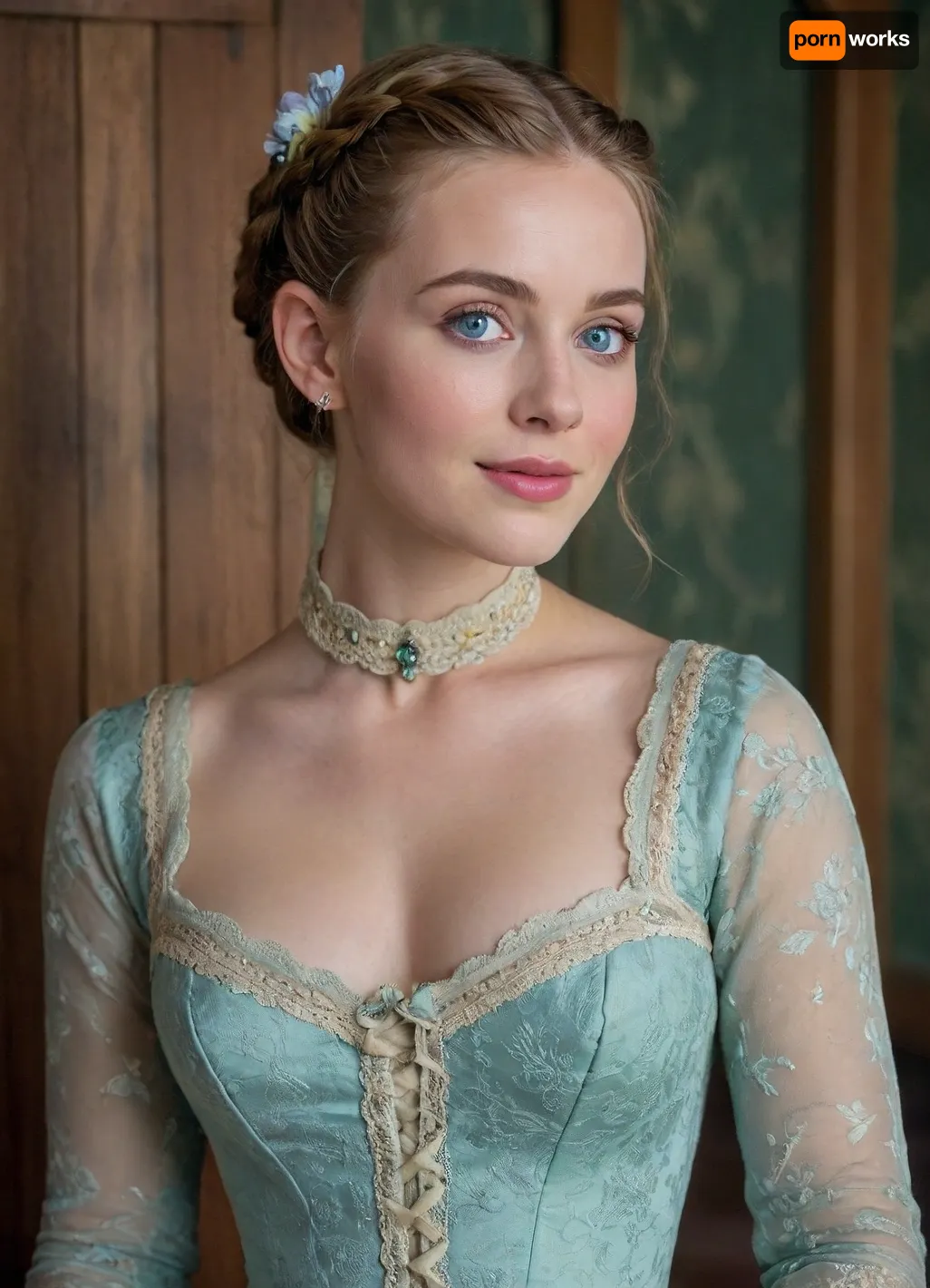 In a stable. Excited lady, between horse stalls, between horses, on the hay. 21 yo Woman, adorned in Richly decorated historical lady lace dress, wide open Square neckline. ginger-auburn longe hair in braids, D-cup breast. Wasp thin waist. Wide lips, puffy lower lip, symmetrical Rectangle face shape, largr upturned pale blue eyes. Couture, Colourful, long gown, emerald collar, delphiniums, peony, peppermint, embroidered lace, chandelier, glittery smoke, beautiful model braided hairstyle, light lora, MJ52, .4>, 1880_dr3ss, 1890_dr3ss, 1900_dr3ss, 1905_dr3ss, 1910_dr3ss, Fortuny, <lora:SDXLHighDetail_v6-000005:.5>, <lora:Belle_Epoque_Dresses_1880-1914_XL:.4>, Eye contact with a viewer, alluring smile, seductive gaze