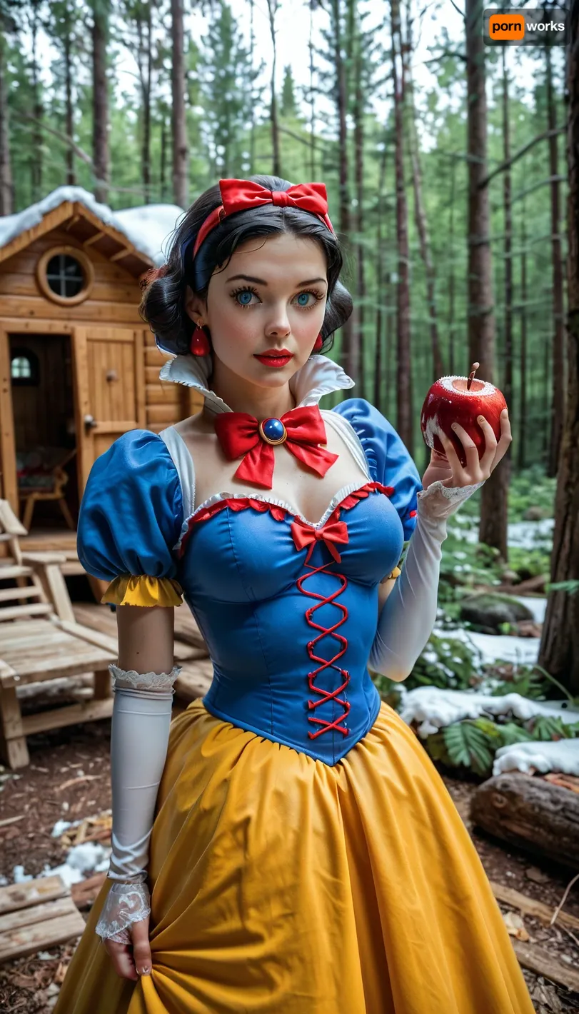 Snow White, Snow White costume, with a blue bodice with red and yellow details, puffed sleeves with red slits, a white high collar, yellow floor-length skirt, headband with a red bow, breasts out, holding an apple in her left hand, forest background with a cabin, frontal shot