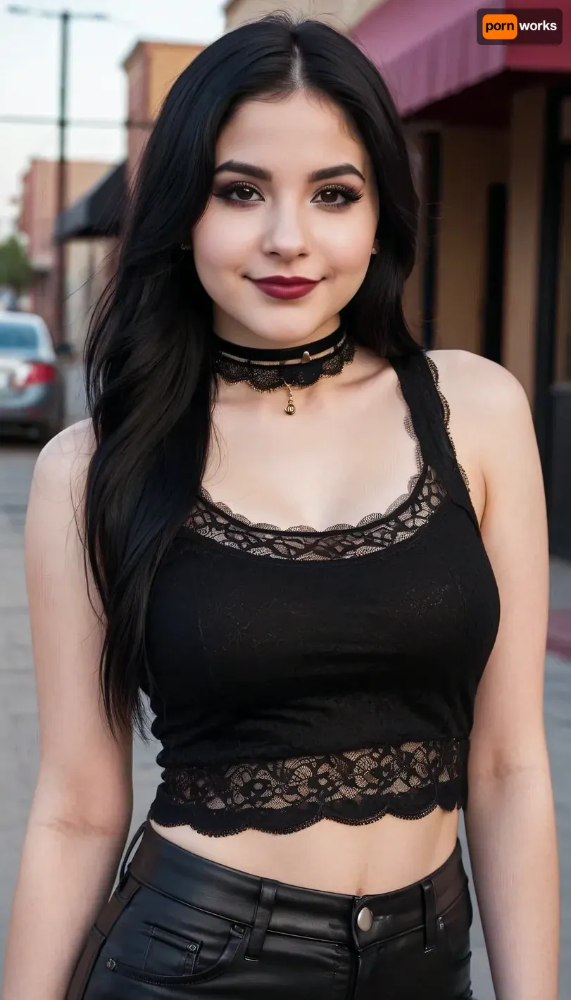 22 years old mexican-american woman, smiling, black hair, big cheeks, white and pale skin, black lace tank top, black leather pants, emo girl, round face, black lips, black eyeshadows, long straight hair, round breasts, middle body view, mexican street, choker, skinny, flat body, flat torso, narrow waist, small hip, highest quality, detailed skin texture, masterpiece, 4K, <lora:crying:.15>, <lora:tearsXL:.15>